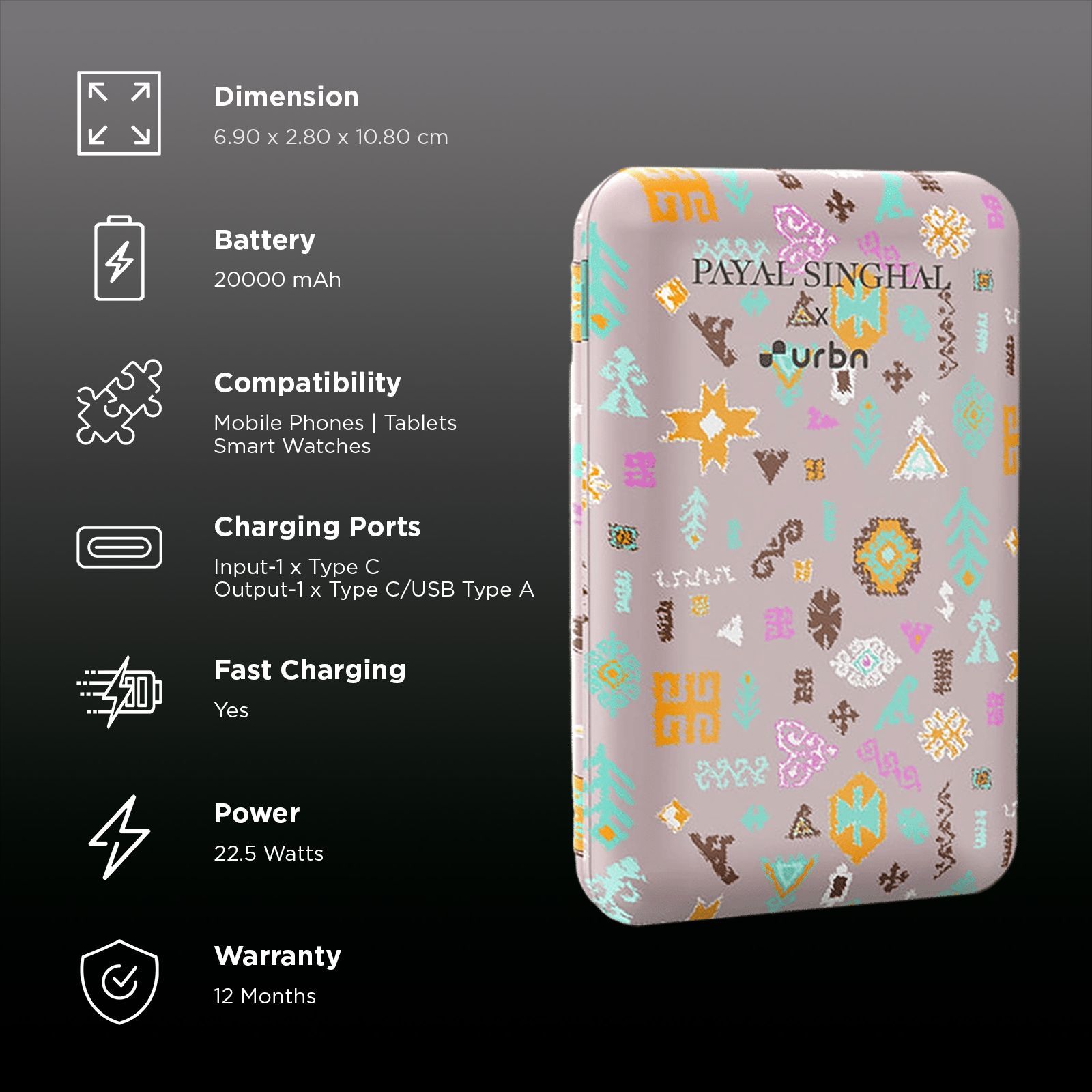 urbn Nano Slim Payal Singhal Edition 20000 mAh 22.5W Fast Charging Power Bank (1 Type A & 2 Type C Ports, 12 Layer Circuit Protection, PS Pink)_3