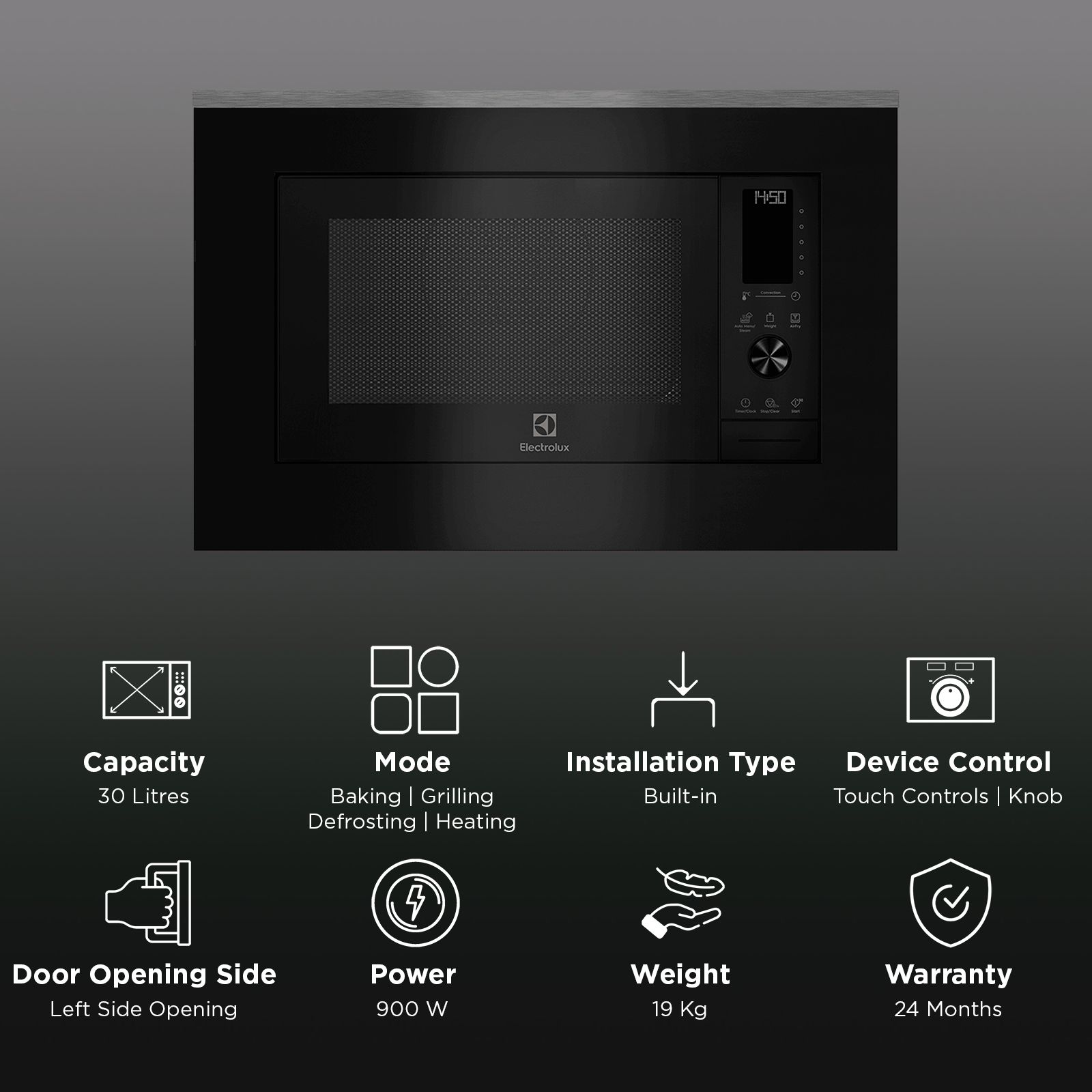 Electrolux UltimateTaste 900 30L 60cm Built-in Microwave with 14 Functions (EMSB30XCF, Black) Electrolux UltimateTaste 900 30L 60cm Built-in Microwave with 14 Functions (EMSB30XCF, Black)_3
