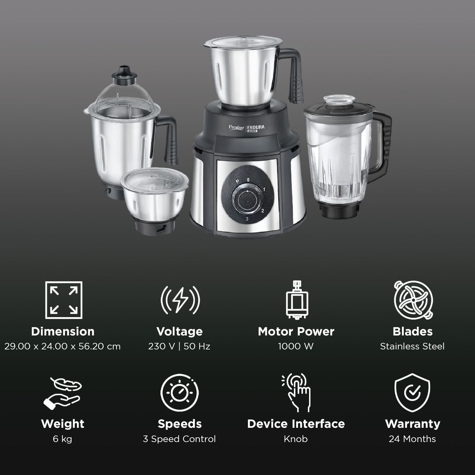Prestige Endura 1000 Watt 4 Jars Juicer Mixer Grinder (Ball Bearing Technology, Black & Silver)_3
