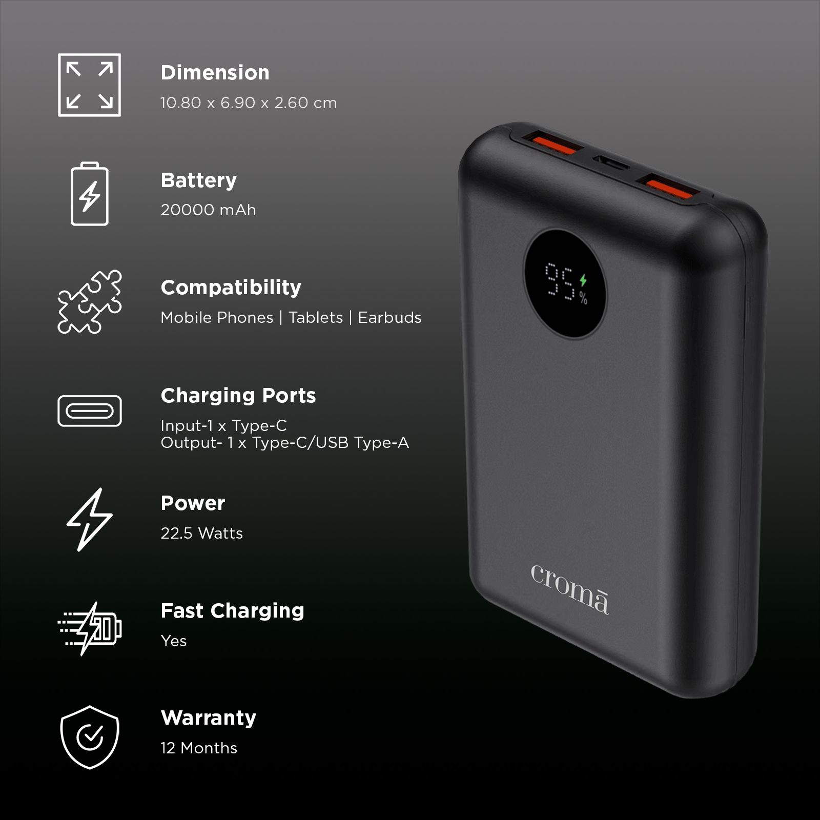 Croma 20000 mAh 22.5W Fast Charging Power Bank (1 Type C Port, 2 Type A Port, Multi Layer Protection, Black) Croma 20000 mAh 22.5W Fast Charging Power Bank (1 Type C Port, 2 Type A Port, Multi Layer Protection, Black)_3