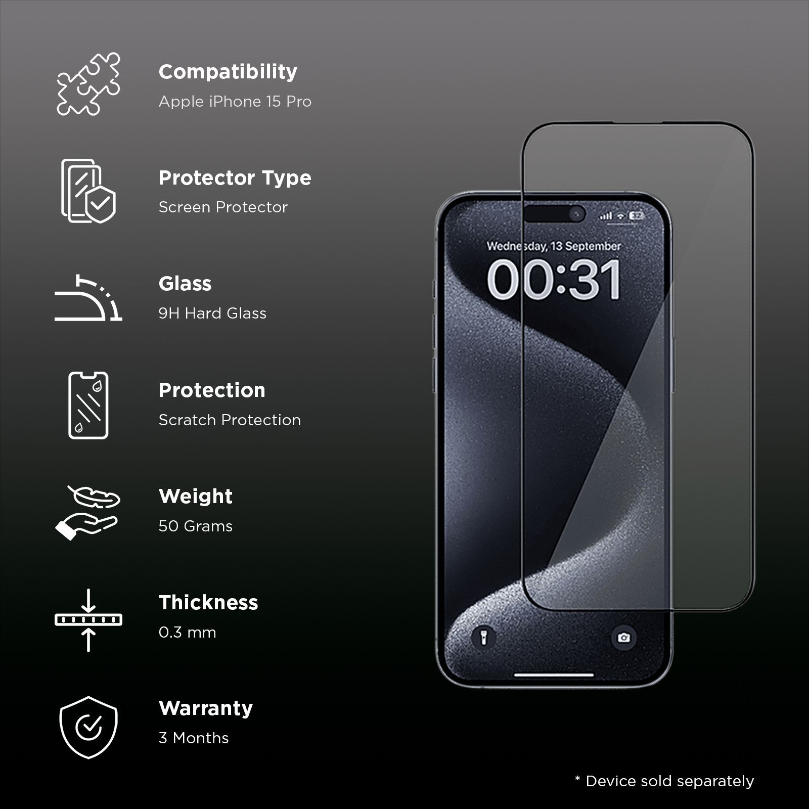 GRIPP 3D Tempered Glass for Apple iPhone 15 Pro (9H Hardness)_2