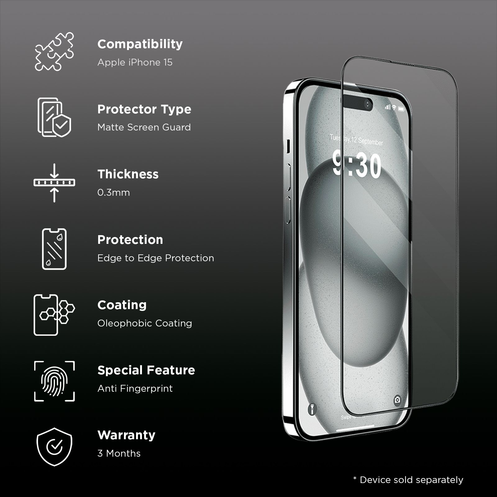 GRIPP Matte Tempered Glass for Apple iPhone 15 (3D Rounded Edges)_3