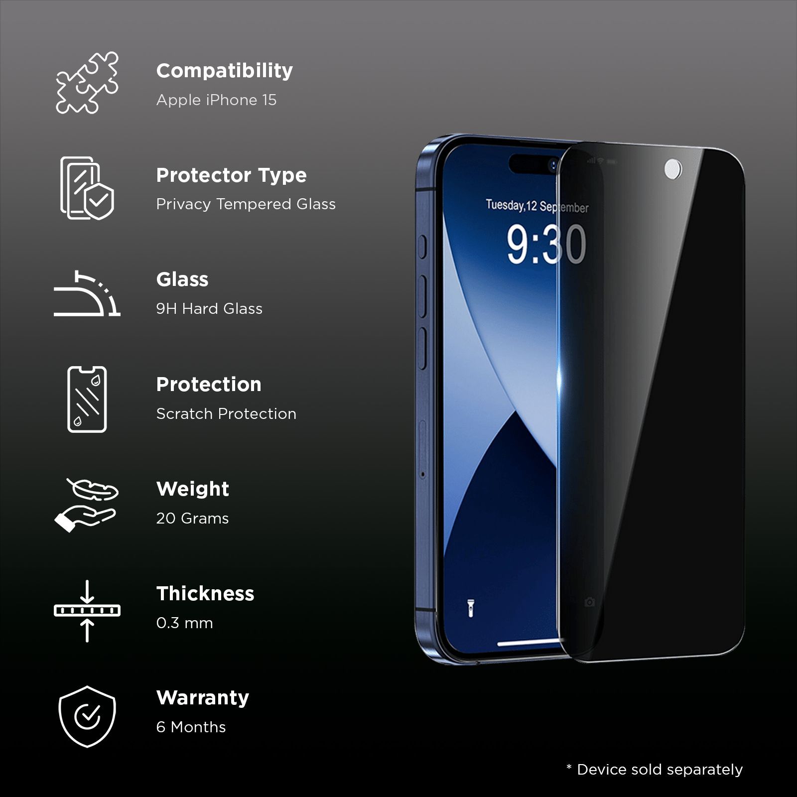 GRIPP Privacy Tempered Glass for Apple iPhone 15 (9H Hardness Scratch Resistant) GRIPP Privacy Tempered Glass for Apple iPhone 15 (9H Hardness Scratch Resistant)_3