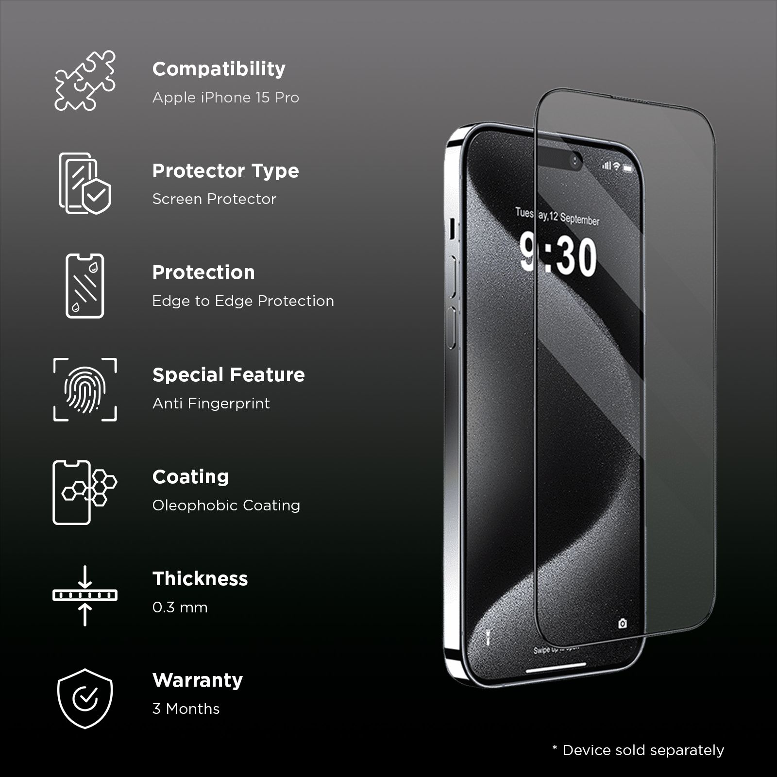 GRIPP Matte Tempered Glass for Apple iPhone 15 Pro (3D Rounded Edges)_3