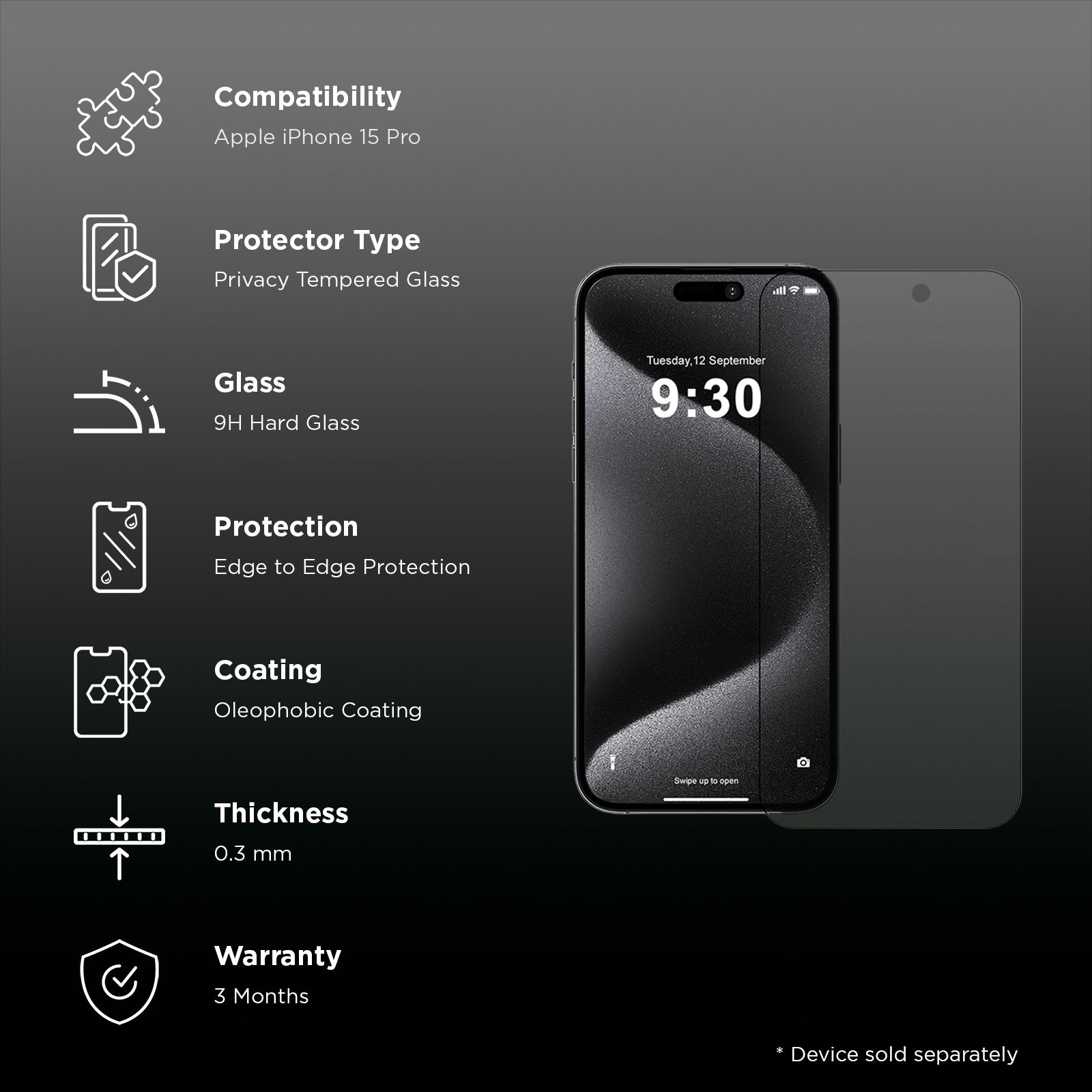 GRIPP Privacy Tempered Glass for Apple iPhone 15 Pro (9H Hardness Scratch Resistant) GRIPP Privacy Tempered Glass for Apple iPhone 15 Pro (9H Hardness Scratch Resistant)_3