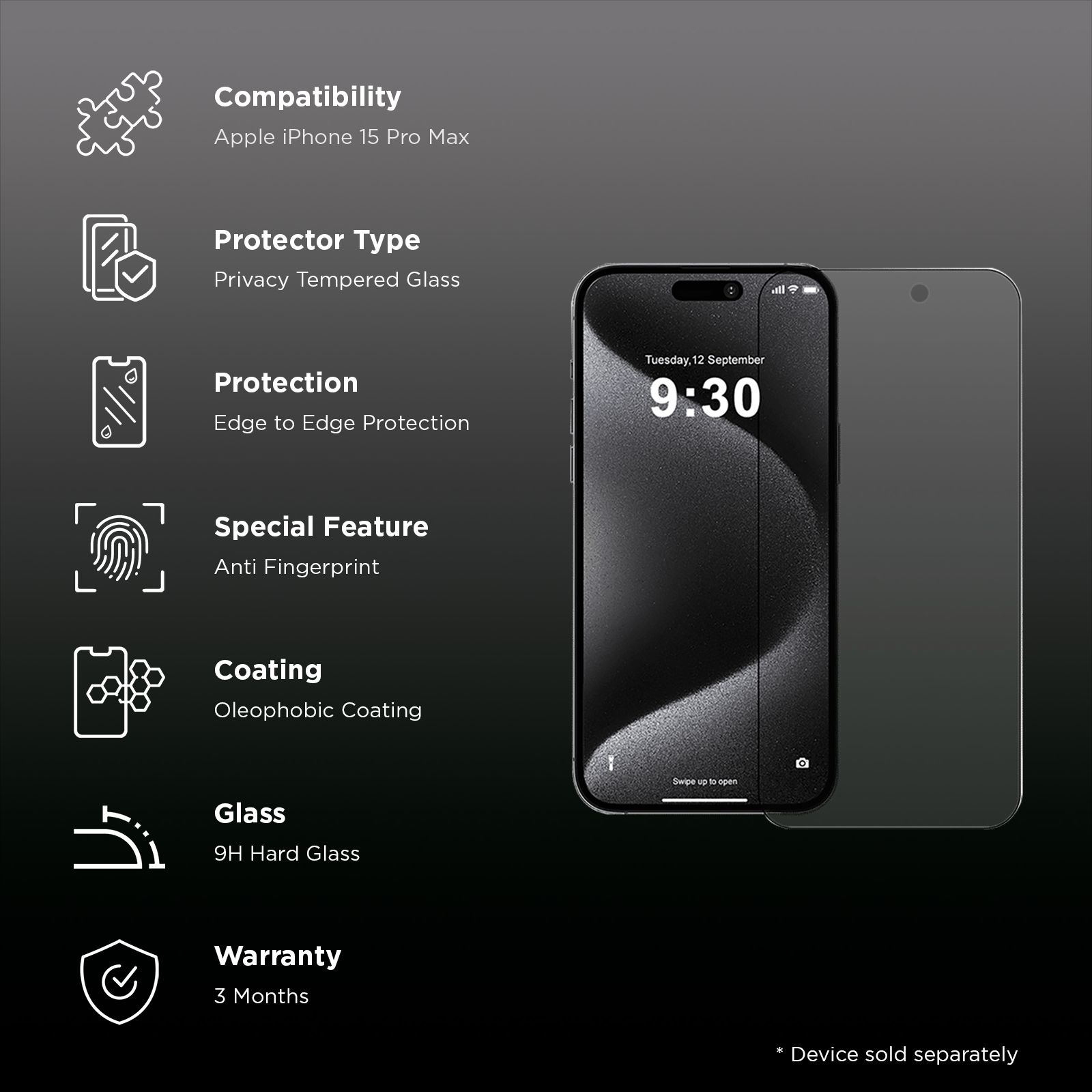 GRIPP Privacy Tempered Glass for Apple iPhone 15 Pro Max (9H Hardness Scratch Resistant) GRIPP Privacy Tempered Glass for Apple iPhone 15 Pro Max (9H Hardness Scratch Resistant)_3