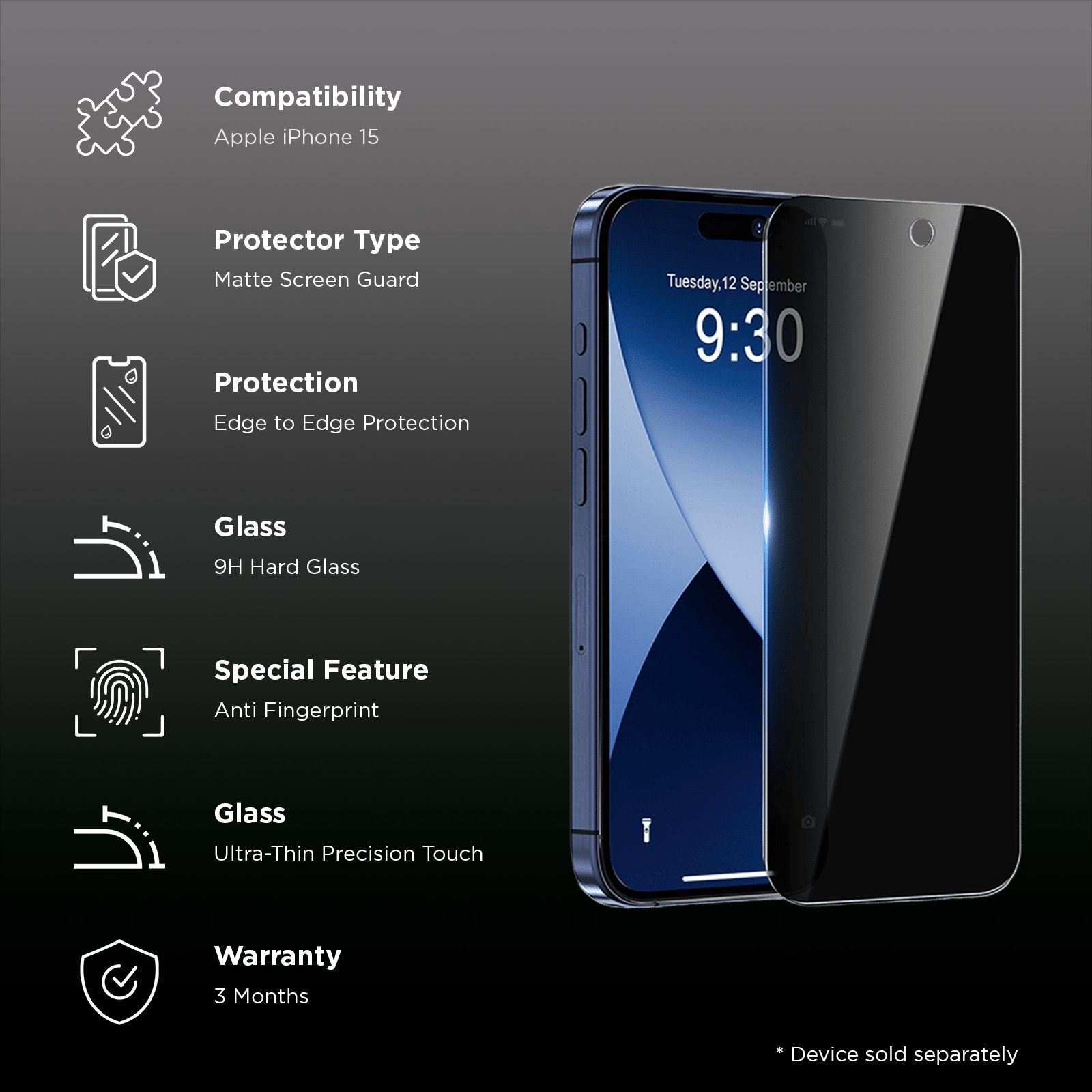 GRIPP Privacy Matte Tempered Glass for Apple iPhone 15 (9H Hardness Scratch Resistant)_3