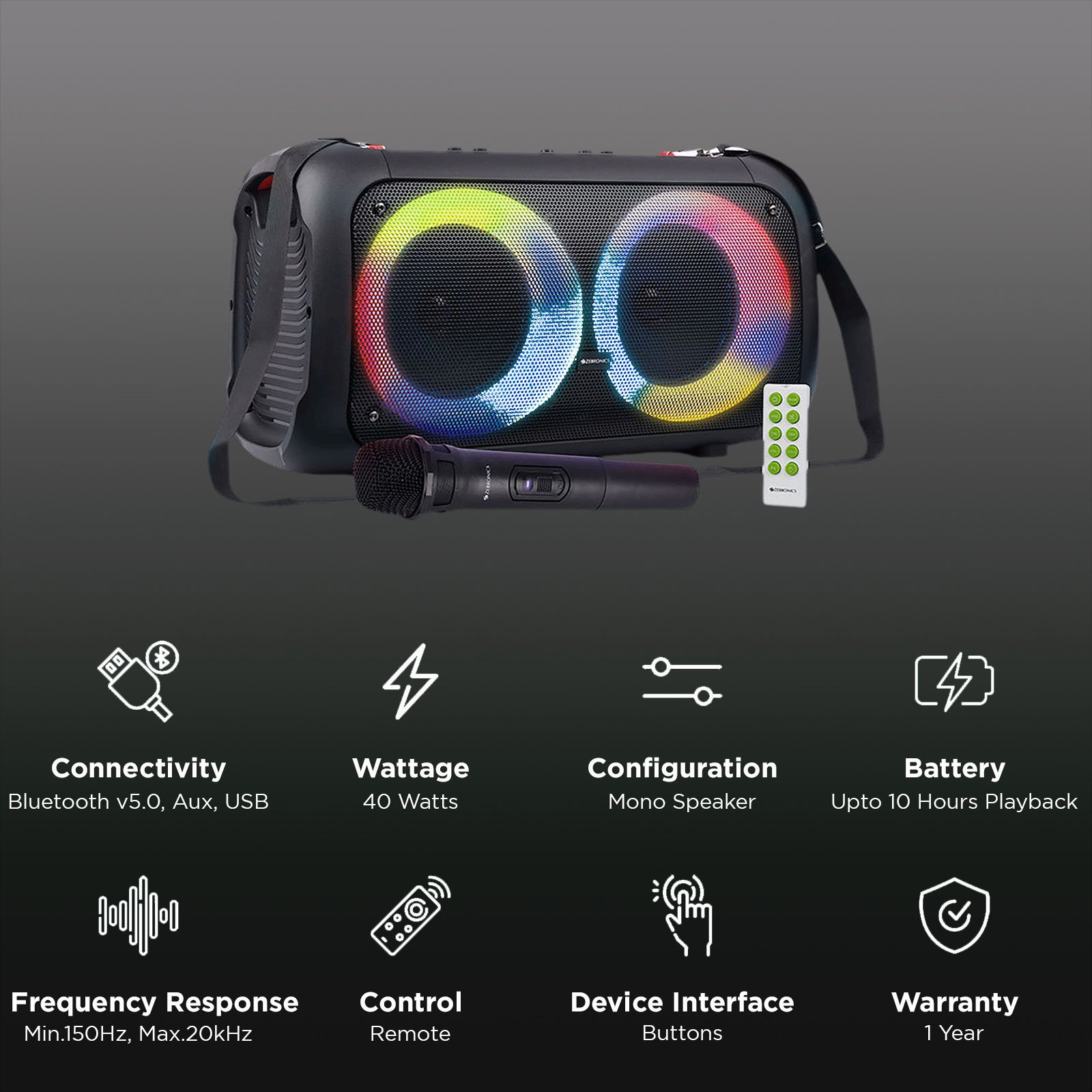 ZEBRONICS Zeb-Thump 400 40W Bluetooth Party Speaker with Mic (10 Hours Playtime, Mono Channel, Black)_3