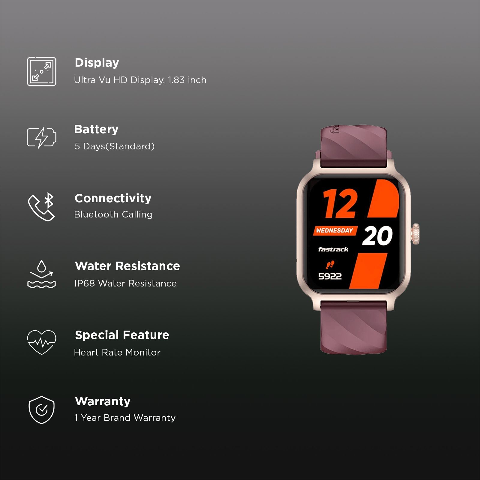 fastrack Rave FX2 Smartwatch with Bluetooth Calling (46.4mm UltraVU HD Display, IP68 Water Resistant, Wine Red Strap)_3