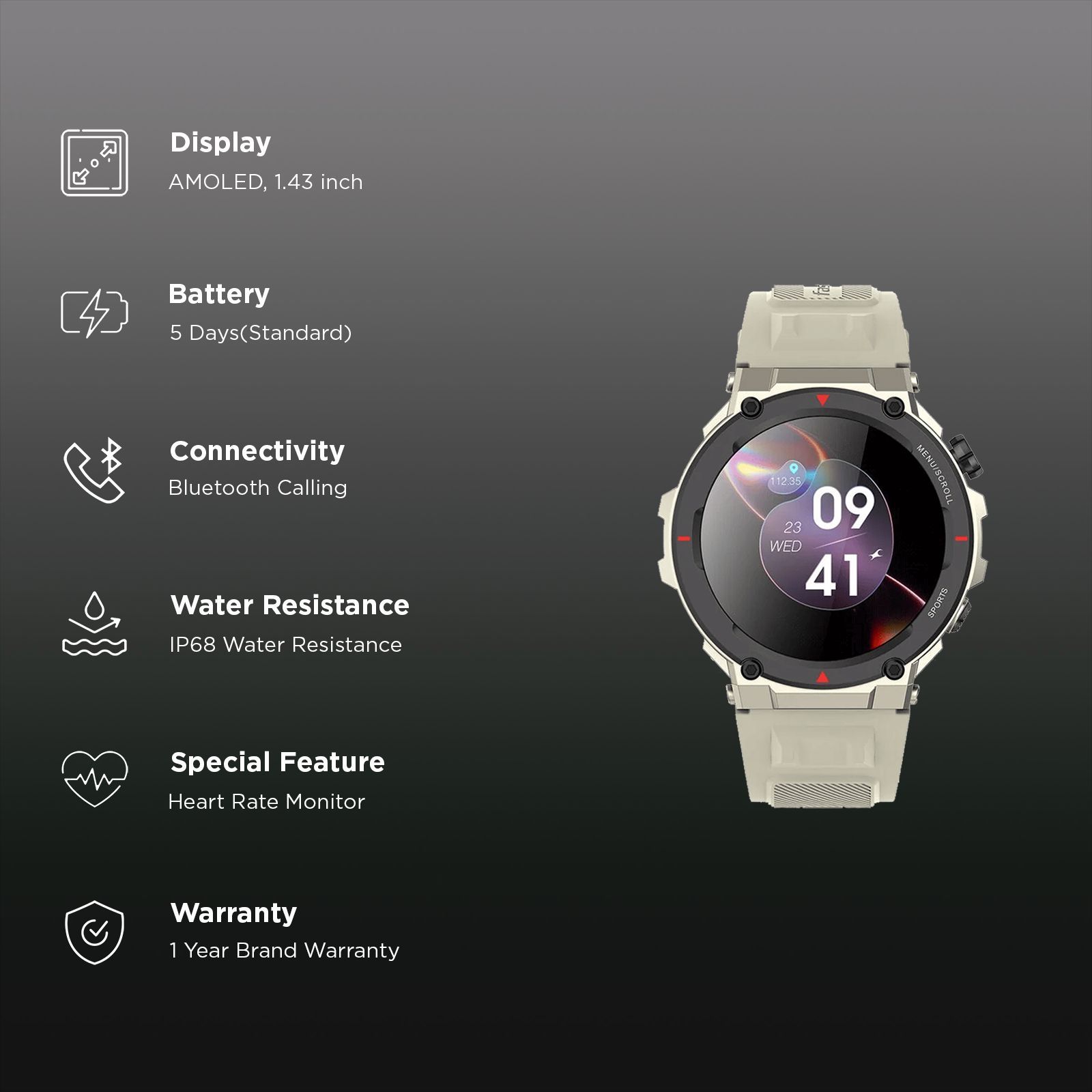 fastrack Xtreme Pro Smartwatch with Bluetooth Calling (36.3mm AMOLED Display, IP68 Water Resistant, Beige Strap)_2