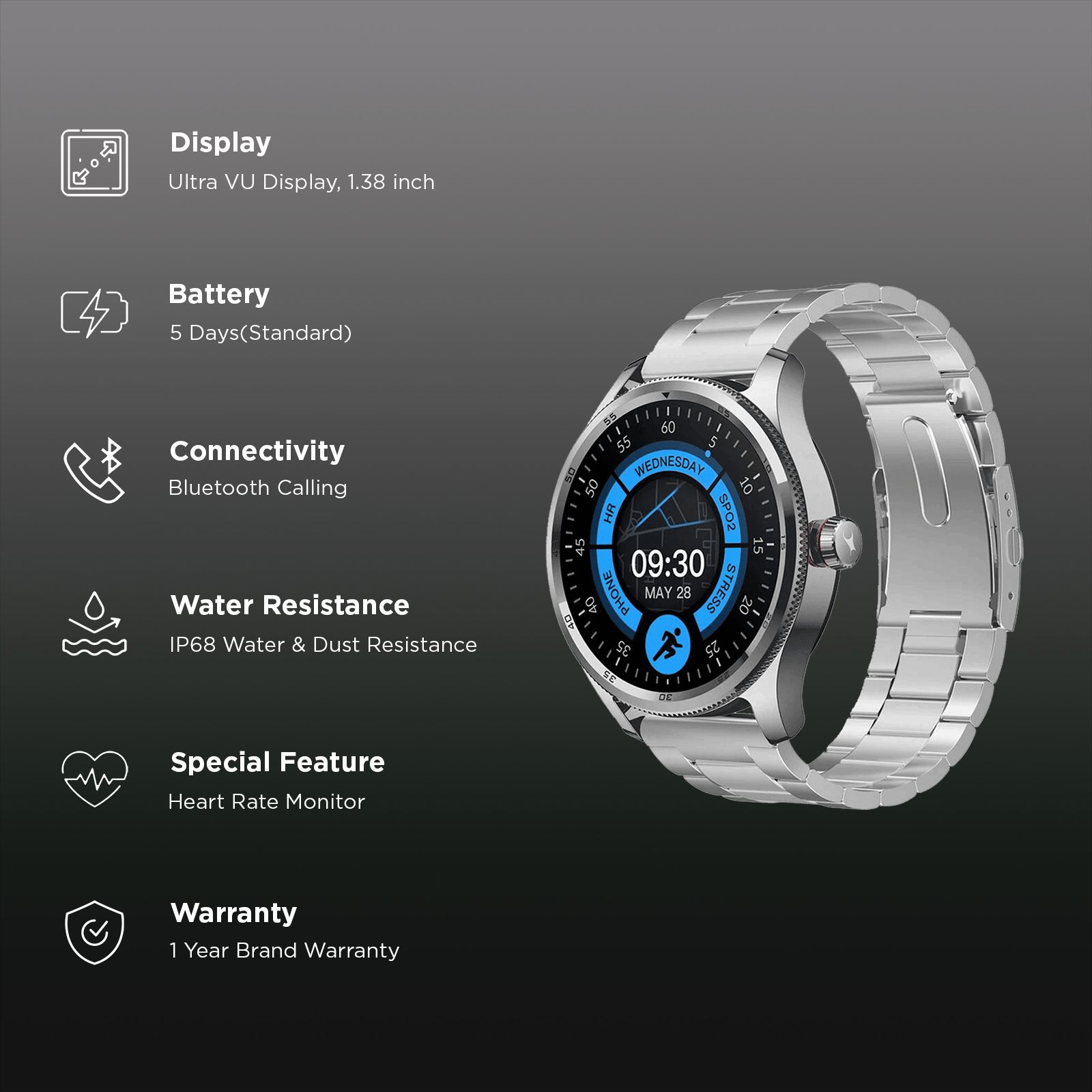 fastrack Magnus FX1 Smartwatch with Bluetooth Calling (35mm UltraVU Display, IP68 Water Resistant, Silver Strap)_3