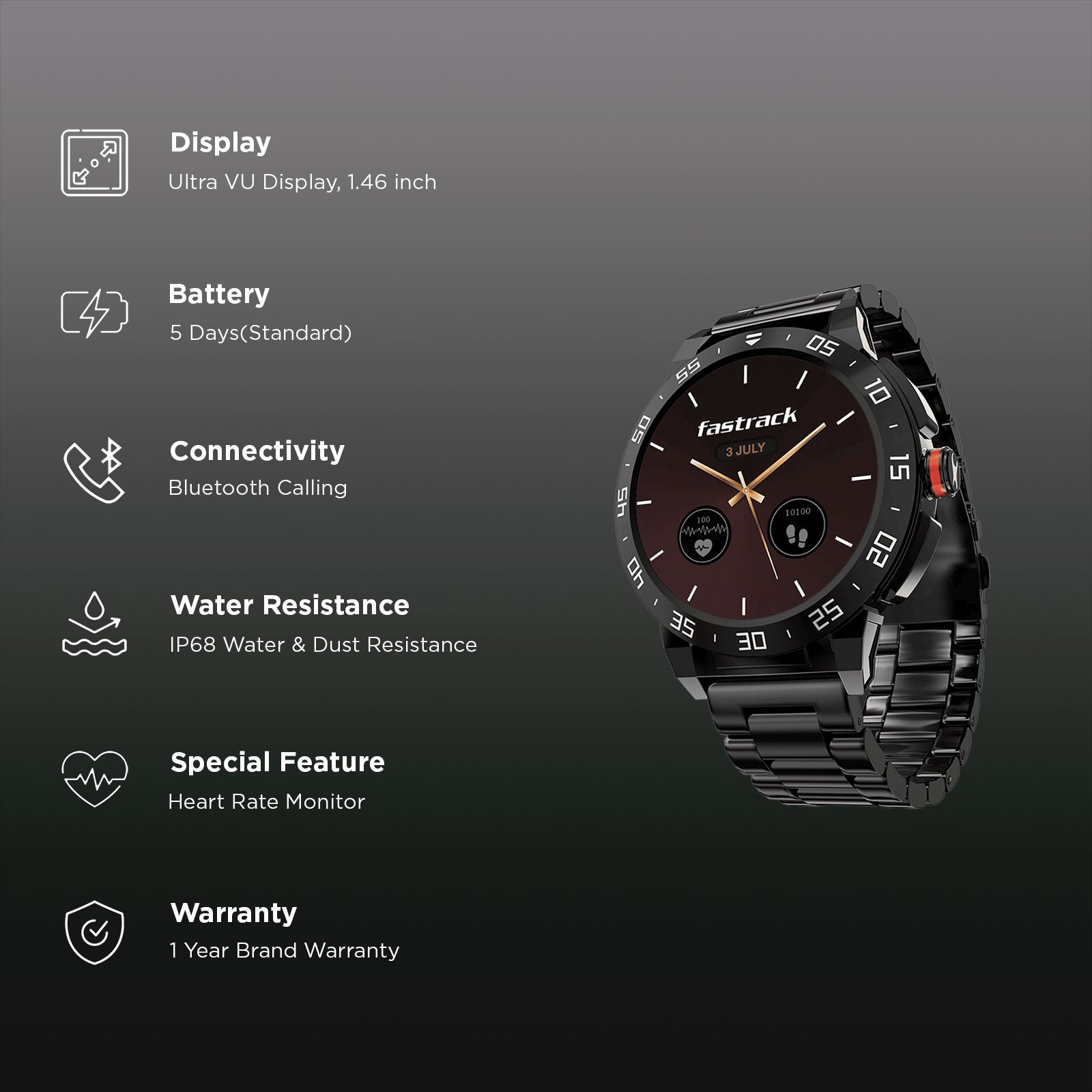 fastrack Magnus FX3 Smartwatch with Bluetooth Calling (37mm UltraVU Display, IP68 Water Resistant, Black Metal Strap)_3