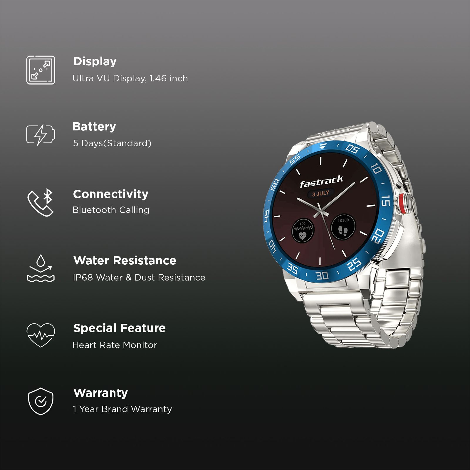 fastrack Magnus FX3 Smartwatch with Bluetooth Calling (37mm UltraVU Display, IP68 Water Resistant, Silver Metal Strap)_3