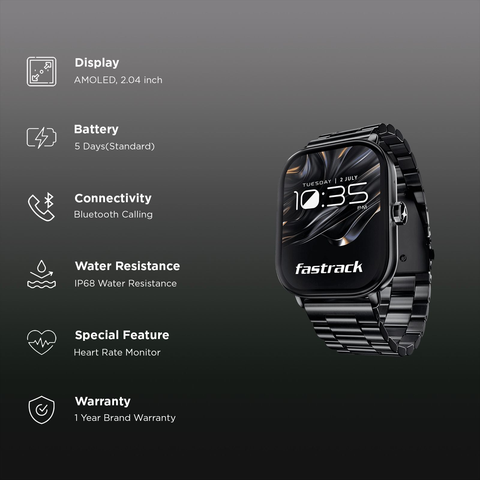 fastrack Radiant FX2 Smartwatch with Bluetooth Calling (51.8mm AMOLED Display, IP68 Water Resistant, Black Metal Strap)_3