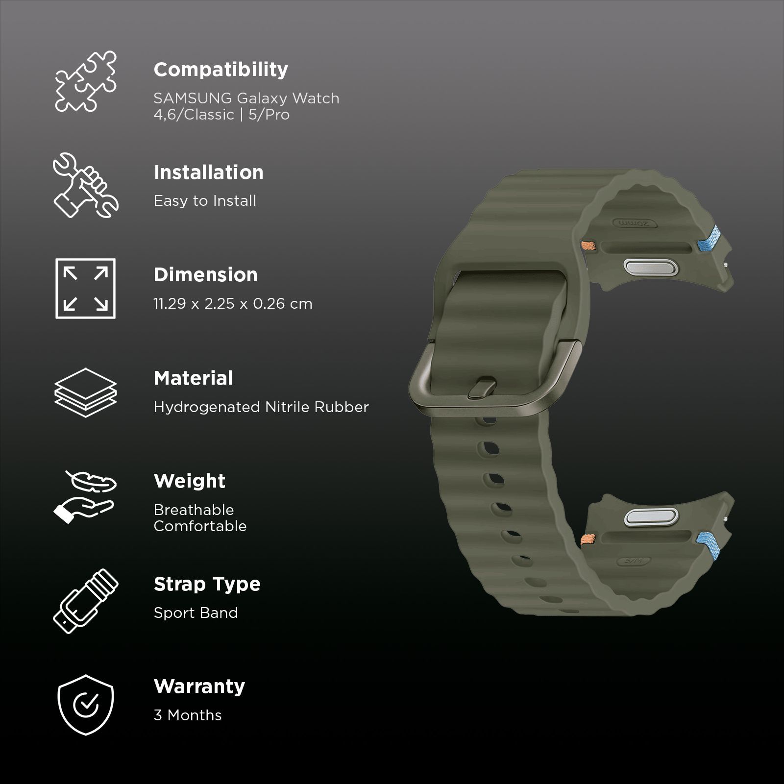 SAMSUNG ET-SNL30SKEGIN HNBR Sport Band for SAMSUNG Galaxy Watch7, Watch4, Watch4 Classic, Watch5, Watch 5 Pro, Watch6 & Watch6 Classic (S/M) (Breathable Design, Green)_2