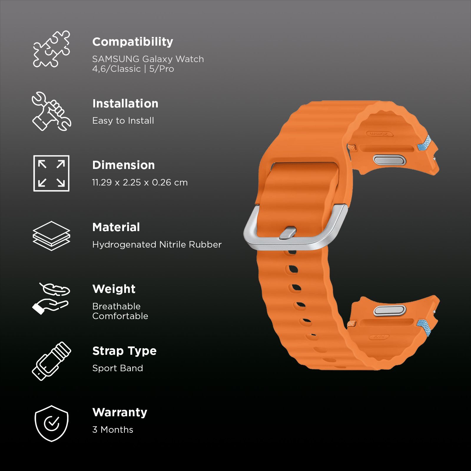 SAMSUNG ET-SNL30SOEGIN HNBR Sport Band for SAMSUNG Galaxy Watch7, Watch4, Watch4 Classic, Watch5, Watch 5 Pro, Watch6 & Watch6 Classic (S/M) (Breathable Design, Orange)_2