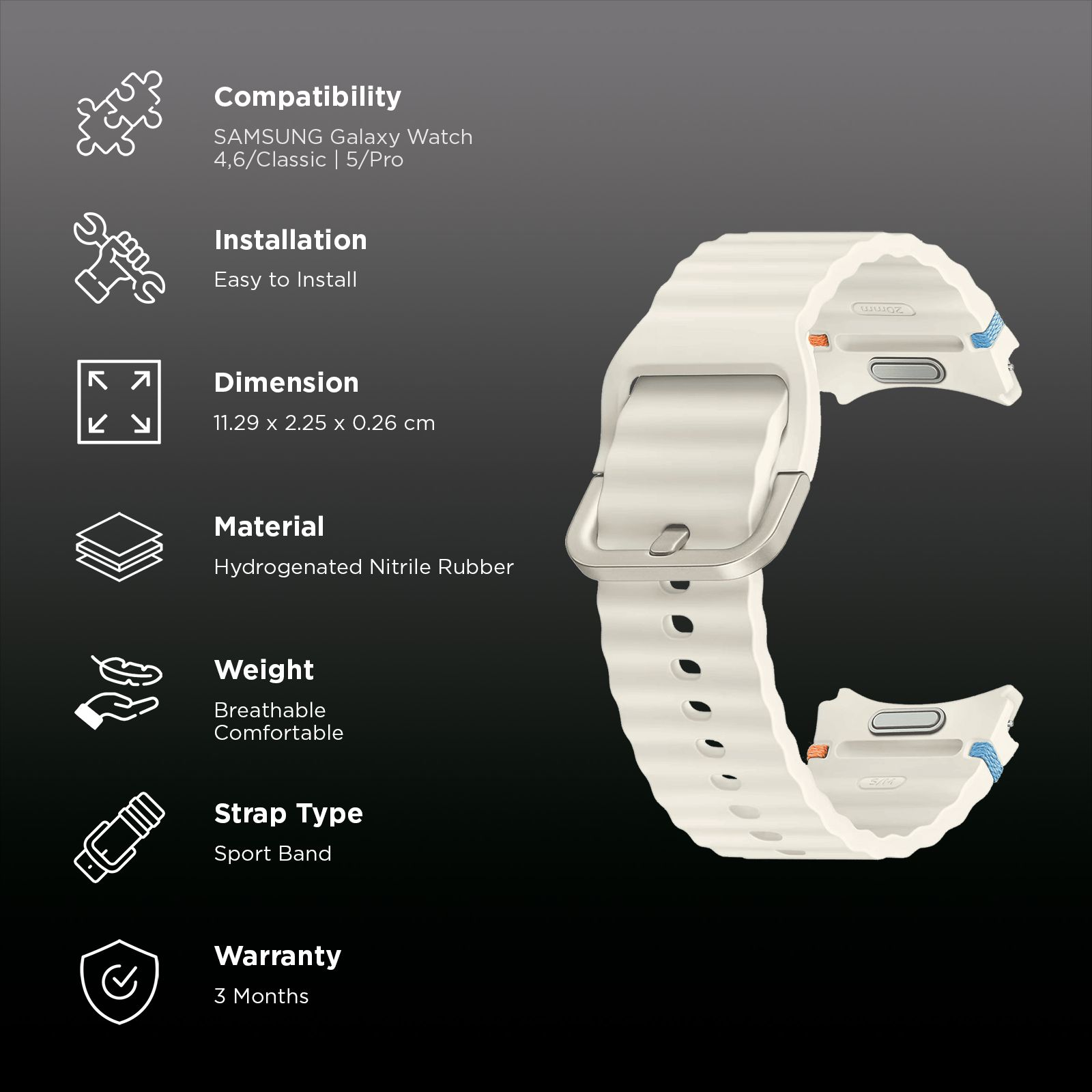 SAMSUNG ET-SNL30SWEGIN HNBR Sport Band for SAMSUNG Galaxy Watch7, Watch4, Watch4 Classic, Watch5, Watch 5 Pro, Watch6 & Watch6 Classic (S/M) (Breathable Design, Cream)_2
