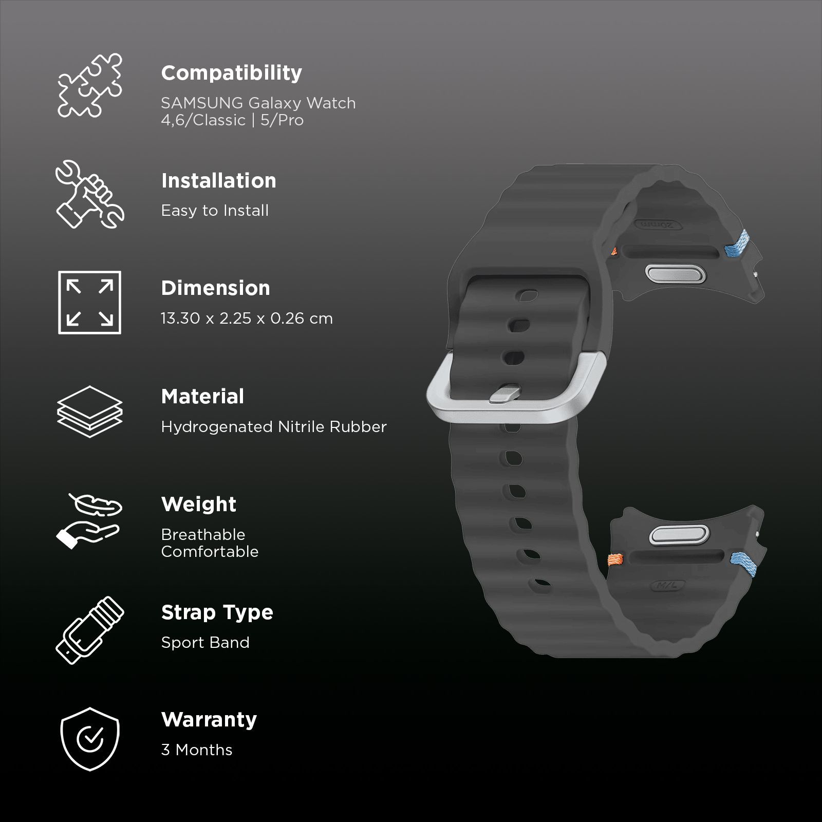 SAMSUNG ET-SNL31LBEGIN HNBR Sport Band for SAMSUNG Galaxy Watch7, Watch4, Watch4 Classic, Watch5, Watch 5 Pro, Watch6 & Watch6 Classic (M/L) (Breathable Design, Dark Gray)_2