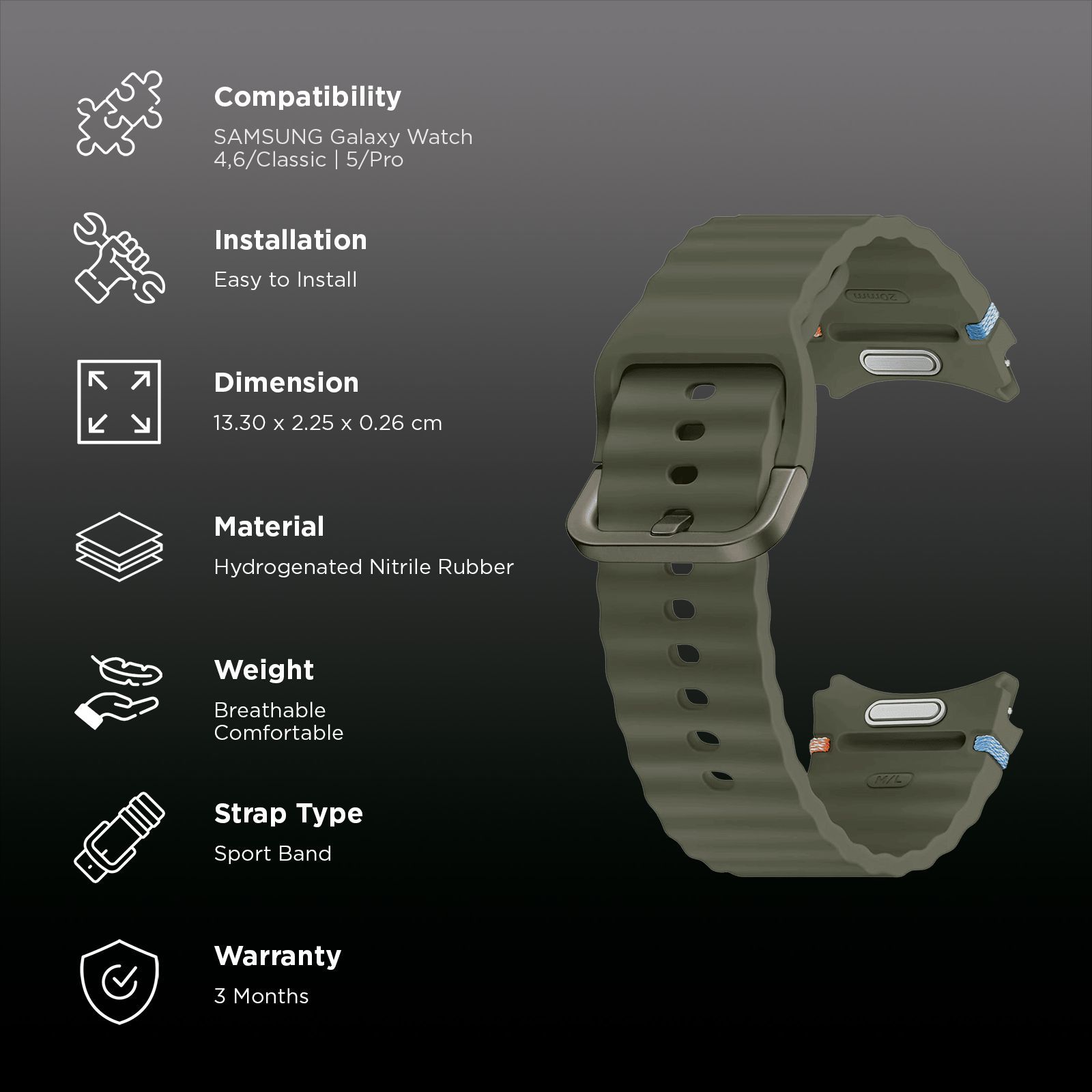 SAMSUNG ET-SNL31LKEGIN HNBR Sport Band for SAMSUNG Galaxy Watch7, Watch4, Watch4 Classic, Watch5, Watch 5 Pro, Watch6 & Watch6 Classic (M/L) (Breathable Design, Green)_2