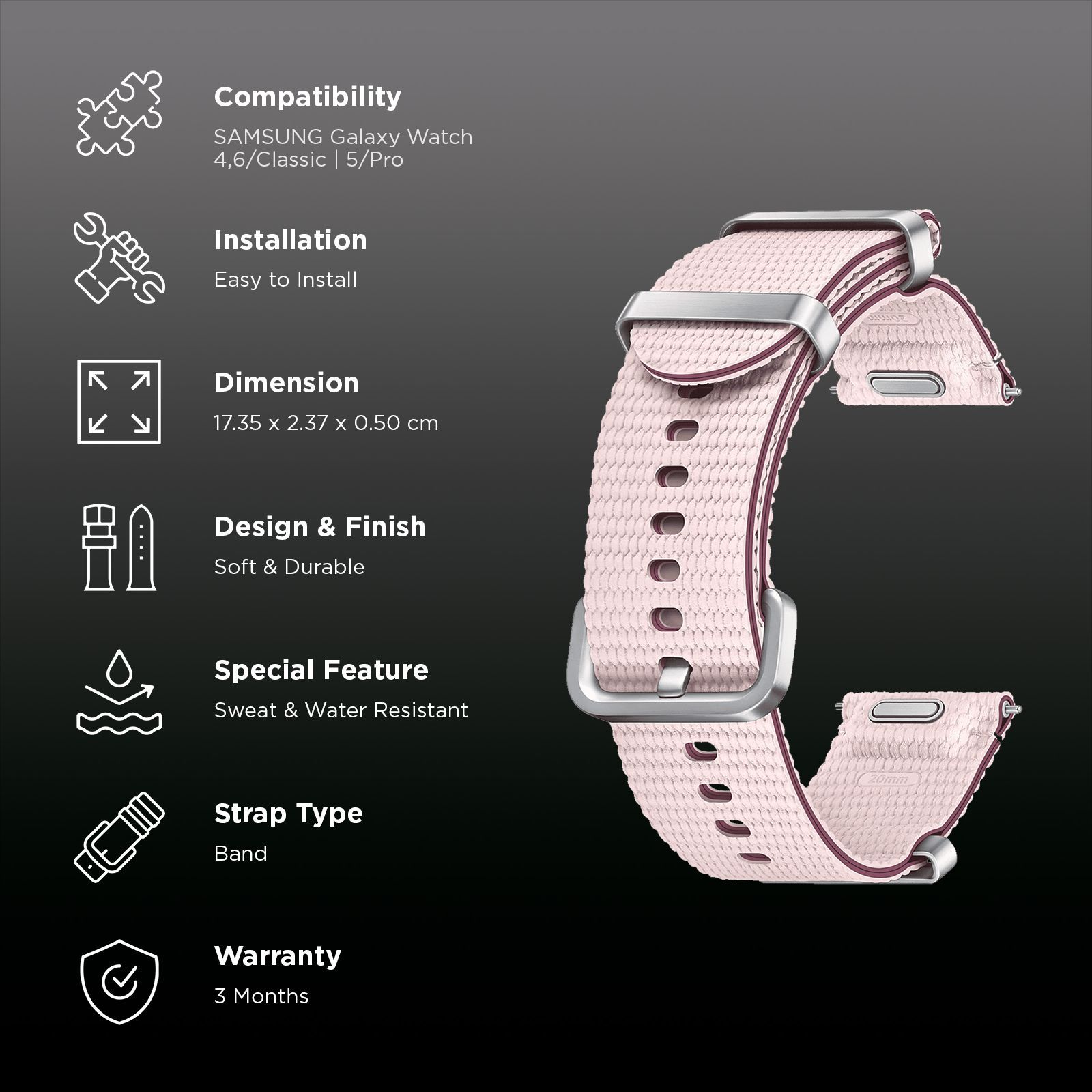 SAMSUNG ET-SOL30SPEGIN HNBR, SUS, Athleisure Band for SAMSUNG Galaxy Watch7, Watch4, Watch4 Classic, Watch5, Watch 5 Pro, Watch6 & Watch6 Classic (S/M) (Fashionable Band, Pink)_2