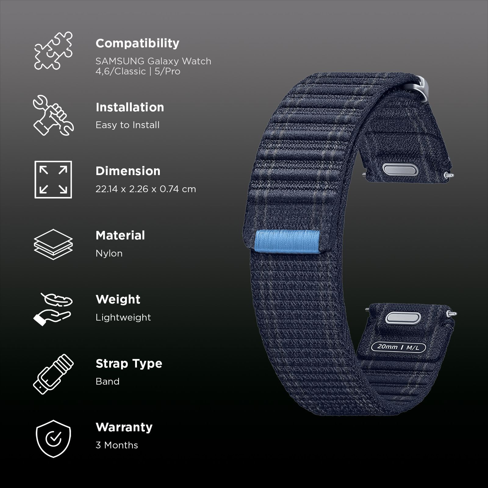 SAMSUNG ET-SVL31LNEGIN Nylon Fabric Band for SAMSUNG Galaxy Watch7, Watch4, Watch4 Classic, Watch5, Watch 5 Pro, Watch6 & Watch6 Classic (M/L) (Effortless Style, Navy)_2