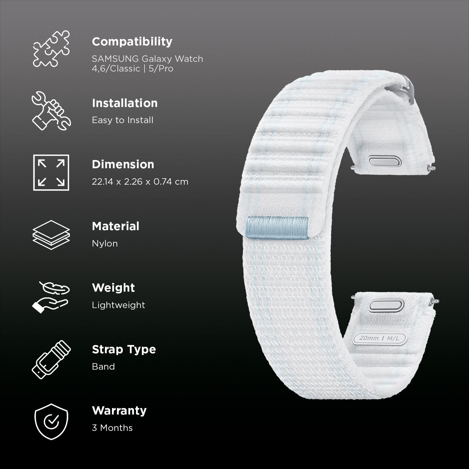 SAMSUNG ET-SVL31LWEGIN Nylon Fabric Band for SAMSUNG Galaxy Watch7, Watch4, Watch4 Classic, Watch5, Watch 5 Pro, Watch6 & Watch6 Classic (M/L) (Effortless Style, Blue White)_2