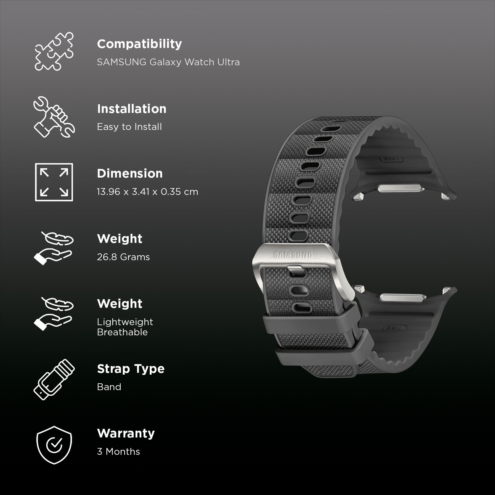 SAMSUNG ET-SBL70MBEGIN HNBR, Nylon, Titanium, SUS Peak Form Band for SAMSUNG Galaxy Watch Ultra (Lugless Design, Dark Gray)_2