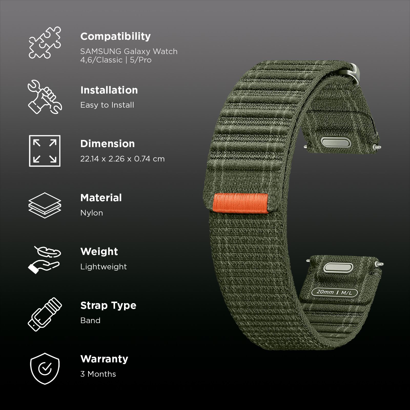 SAMSUNG ET-SVL31LKEGIN Nylon Fabric Band for SAMSUNG Galaxy Watch7, Watch4, Watch4 Classic, Watch5, Watch 5 Pro, Watch6 & Watch6 Classic (M/L) (Effortless Style, Green)_2