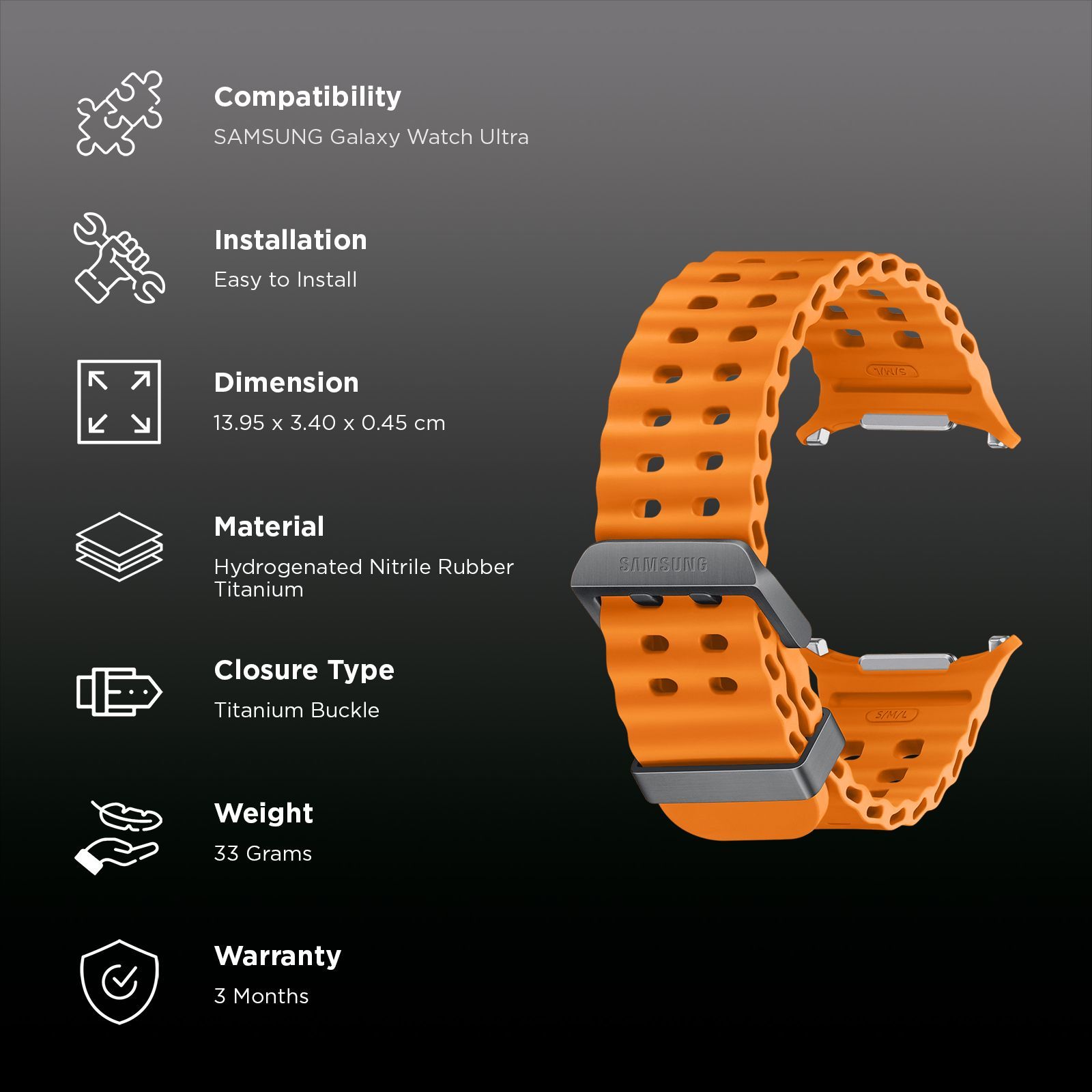 SAMSUNG ET-SNL70MOEGIN HNBR, Titanium Marine Band for SAMSUNG Galaxy Watch Ultra (Lugless Design, Orange)_2