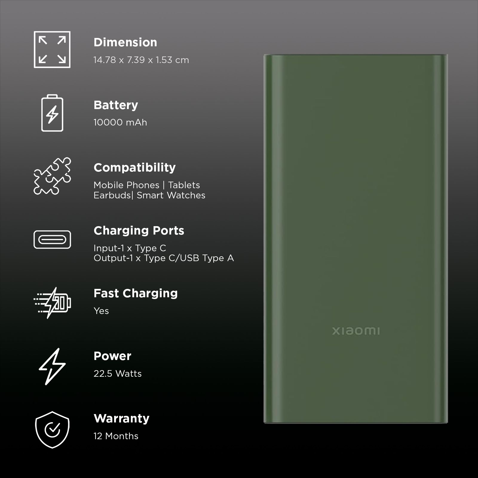 Xiaomi 4i 10000 mAh 22.5W Fast Charging Power Bank (2 Type A & 1 Type C Ports, Quick Charge 3.0, Olive Green)_3
