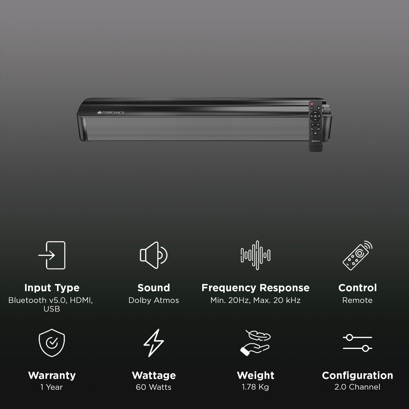 ZEBRONICS Juke Bar 2601 60W Bluetooth Soundbar With Remote (2.0 Channel, Black) ZEBRONICS Juke Bar 2601 60W Bluetooth Soundbar With Remote (2.0 Channel, Black)_2