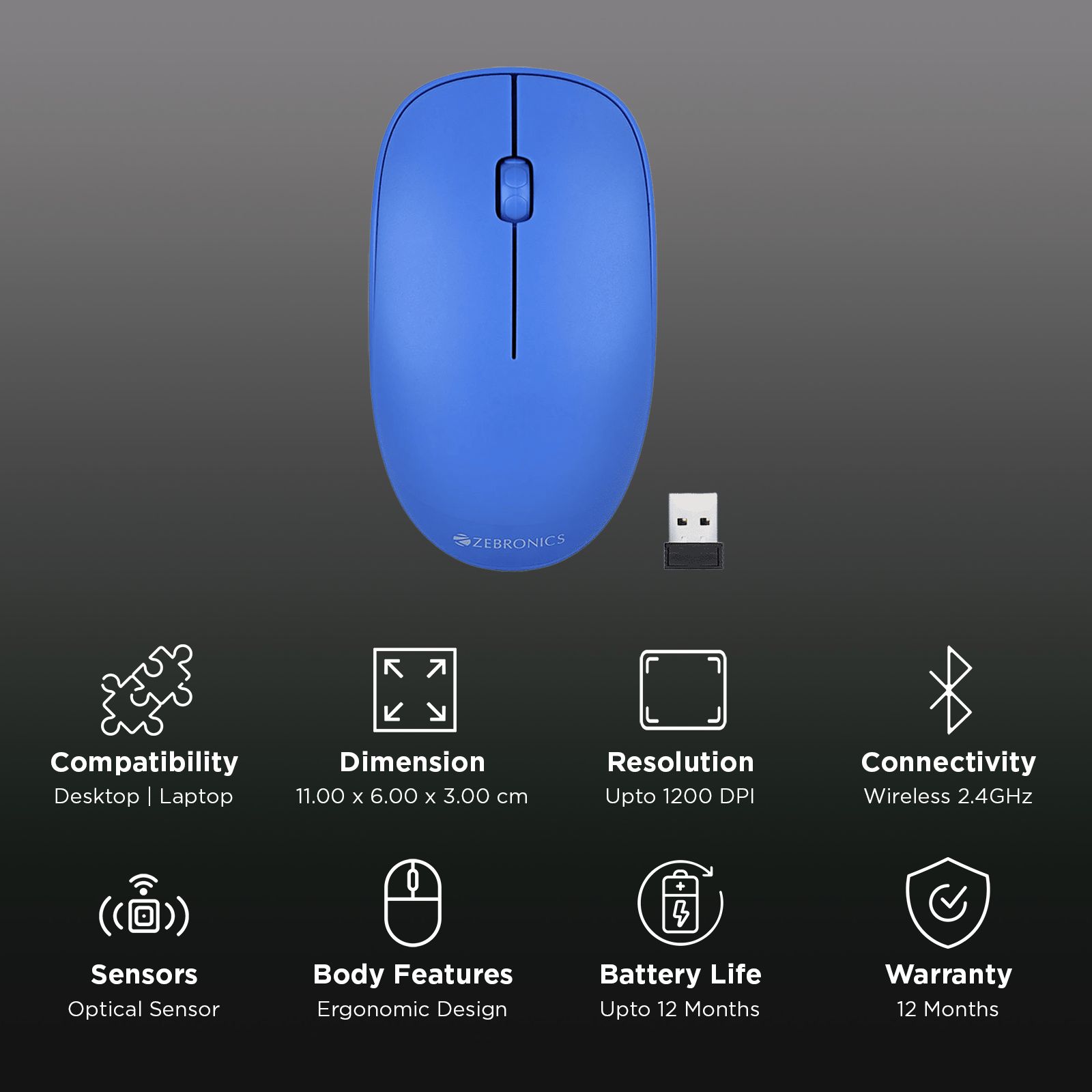 Zebronics Zeb-Haze 2.4GHz Wireless Optical Mouse with 1 Million Click Cycles (1200 DPI Adjustable, Power Saving Mode, Blue) Zebronics Zeb-Haze 2.4GHz Wireless Optical Mouse with 1 Million Click Cycles (1200 DPI Adjustable, Power Saving Mode, Blue)_3