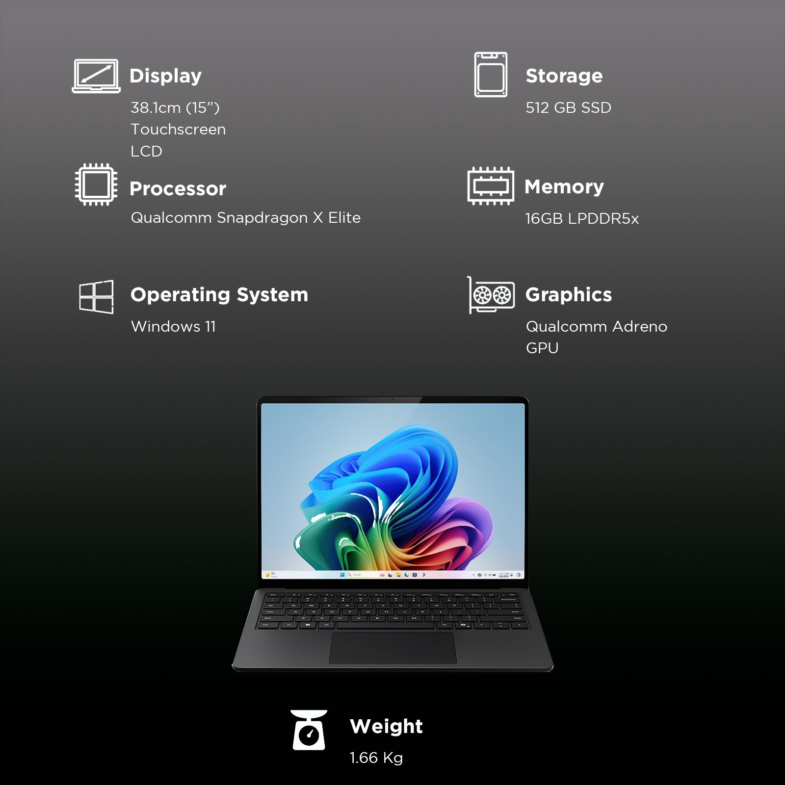 Microsoft Surface 7th Edition Snapdragon X Elite Touchscreen Ultra Thin Laptop (16GB, 512GB SSD, Windows 11 Home, 15 inch LCD Display, Black, 1.66 KG)_3