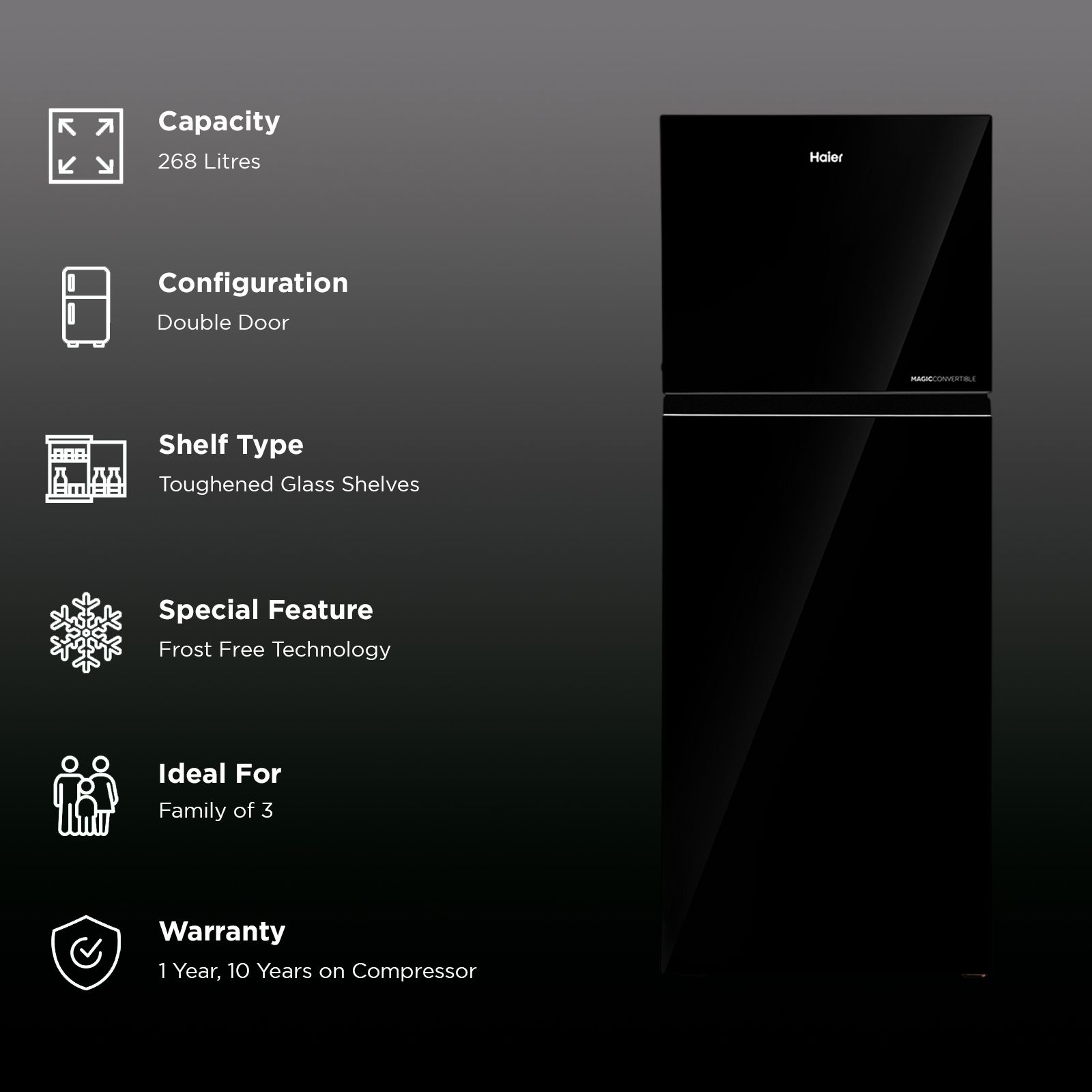 Haier 268 Litres 2 Star Frost Free Double Door Convertible Refrigerator with Turbo Icing (HRF-3182PKG-P, Black Glass) Haier 268 Litres 2 Star Frost Free Double Door Convertible Refrigerator with Turbo Icing (HRF-3182PKG-P, Black Glass)_2