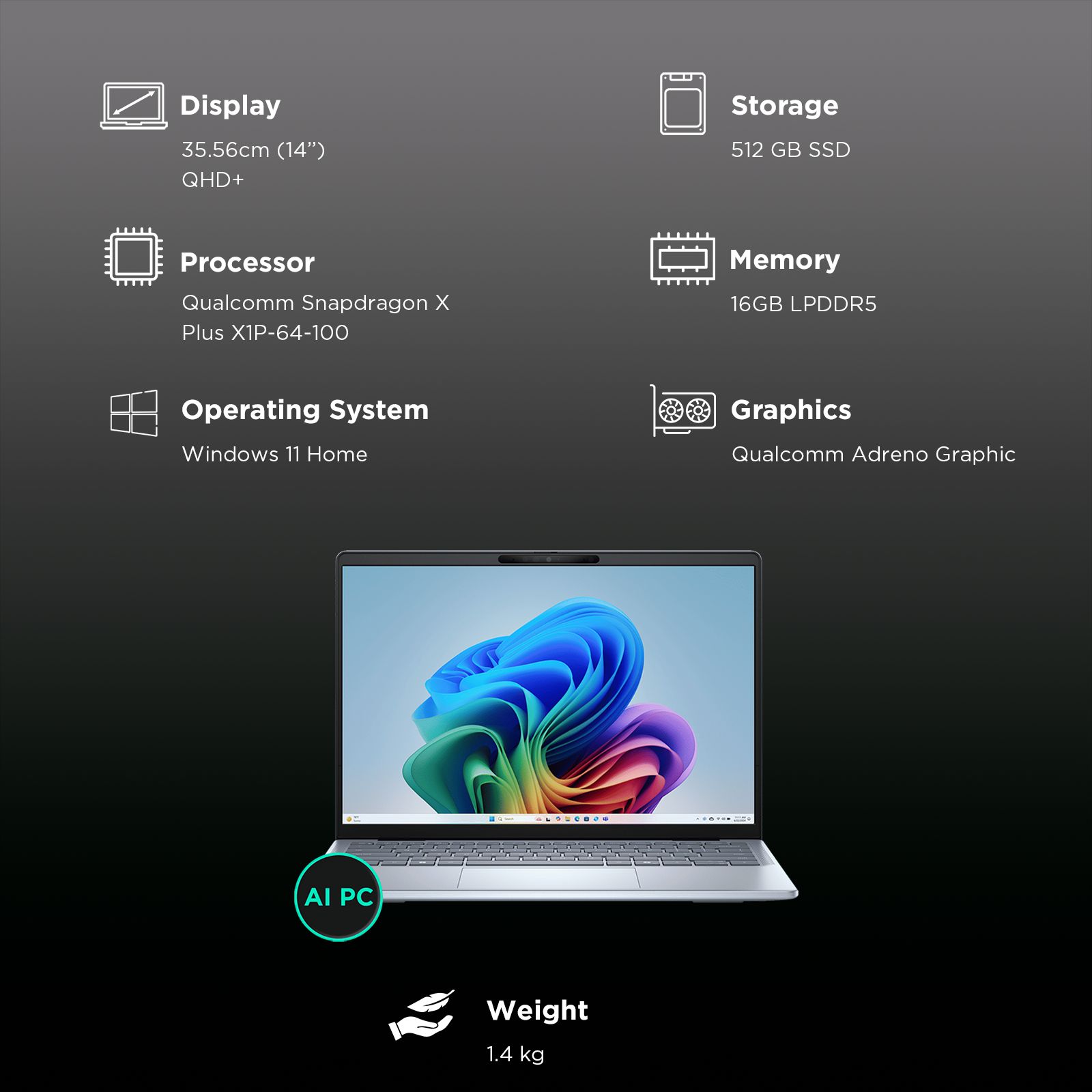 DELL Inspiron 14 Plus Snapdragon X Plus Touchscreen Thin & Light Laptop (16GB, 512GB SSD, Windows 11 Home, 14 inch QHD Plus IPS Display, MS Office 2021, Ice Blue, 1.40 KG)_3