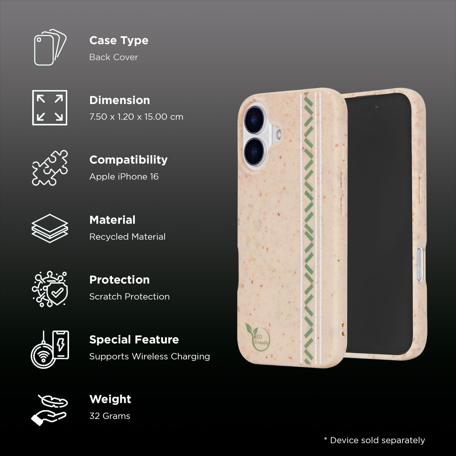 Croma Eco Back Cover for Apple iPhone 16 (Magsafe Compatible, Beige)_2