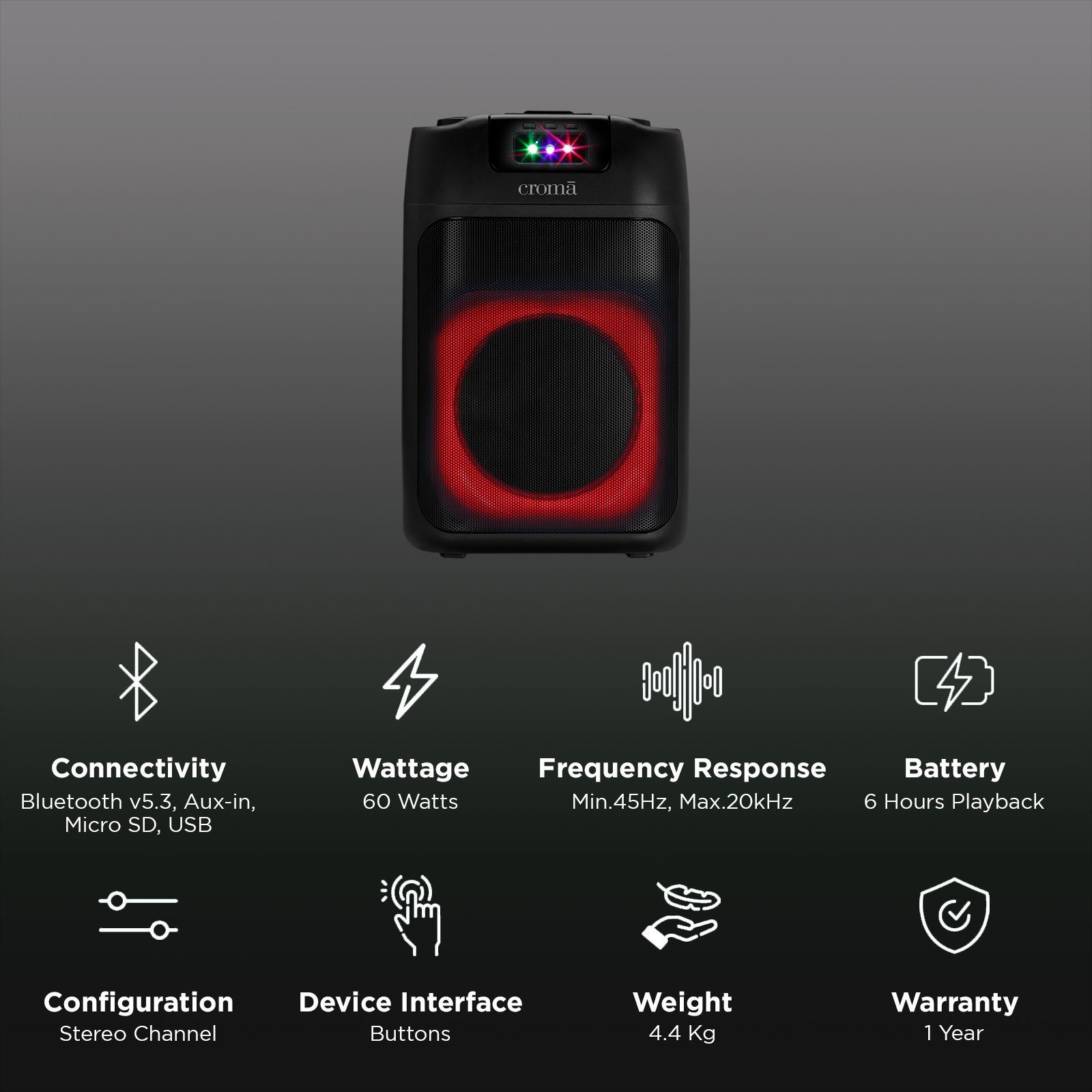 Croma 60 W Bluetooth Party Speaker with mic (TWS Function, Stereo Channel, Black) Croma 60 W Bluetooth Party Speaker with mic (TWS Function, Stereo Channel, Black)_2