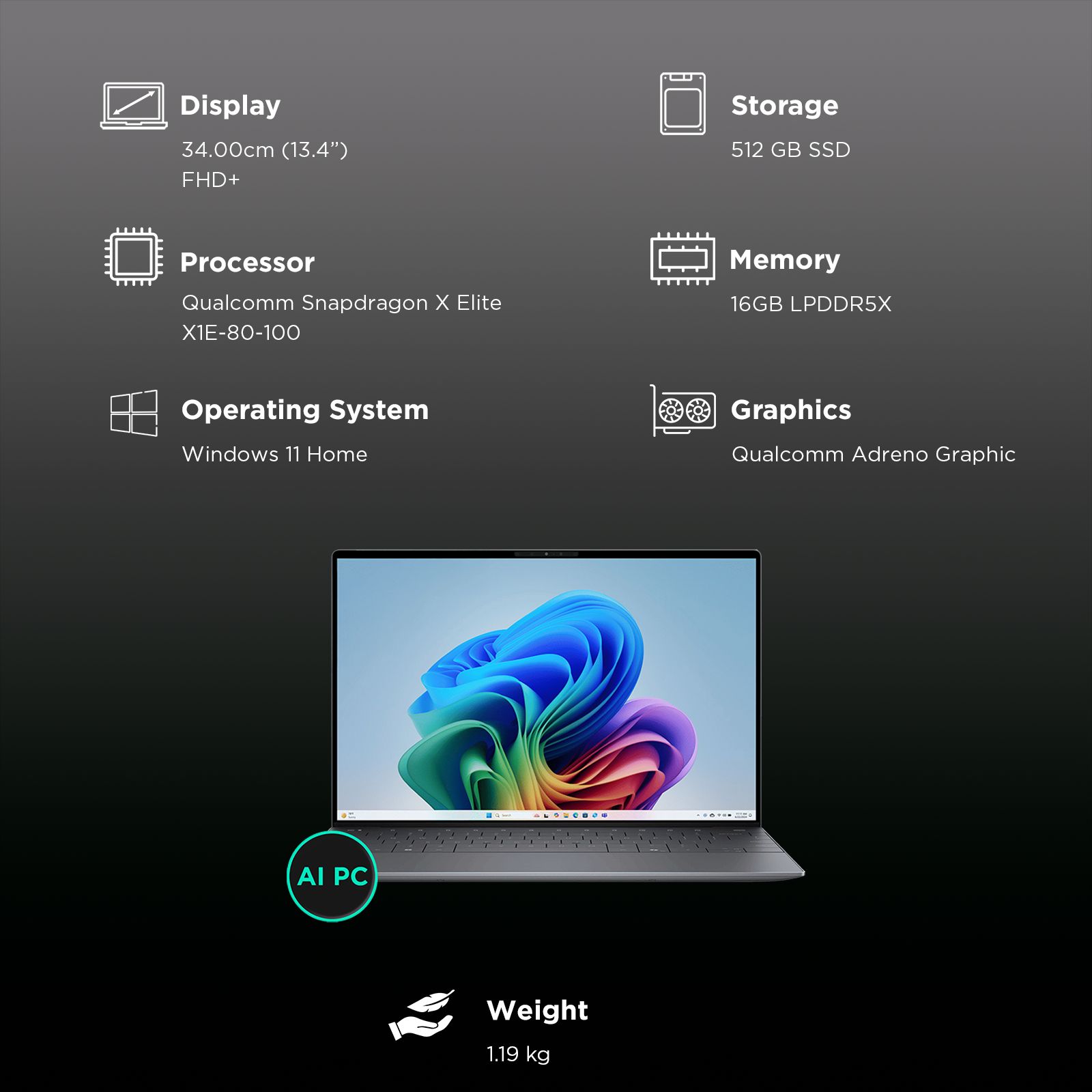 Dell XPS 13 Snapdragon X Elite Thin & Light Laptop (16GB, 512GB SSD, Windows 11 Home, 13.4 inch FHD Plus Display, MS Office 2021, Graphite, 1.19 KG)_3