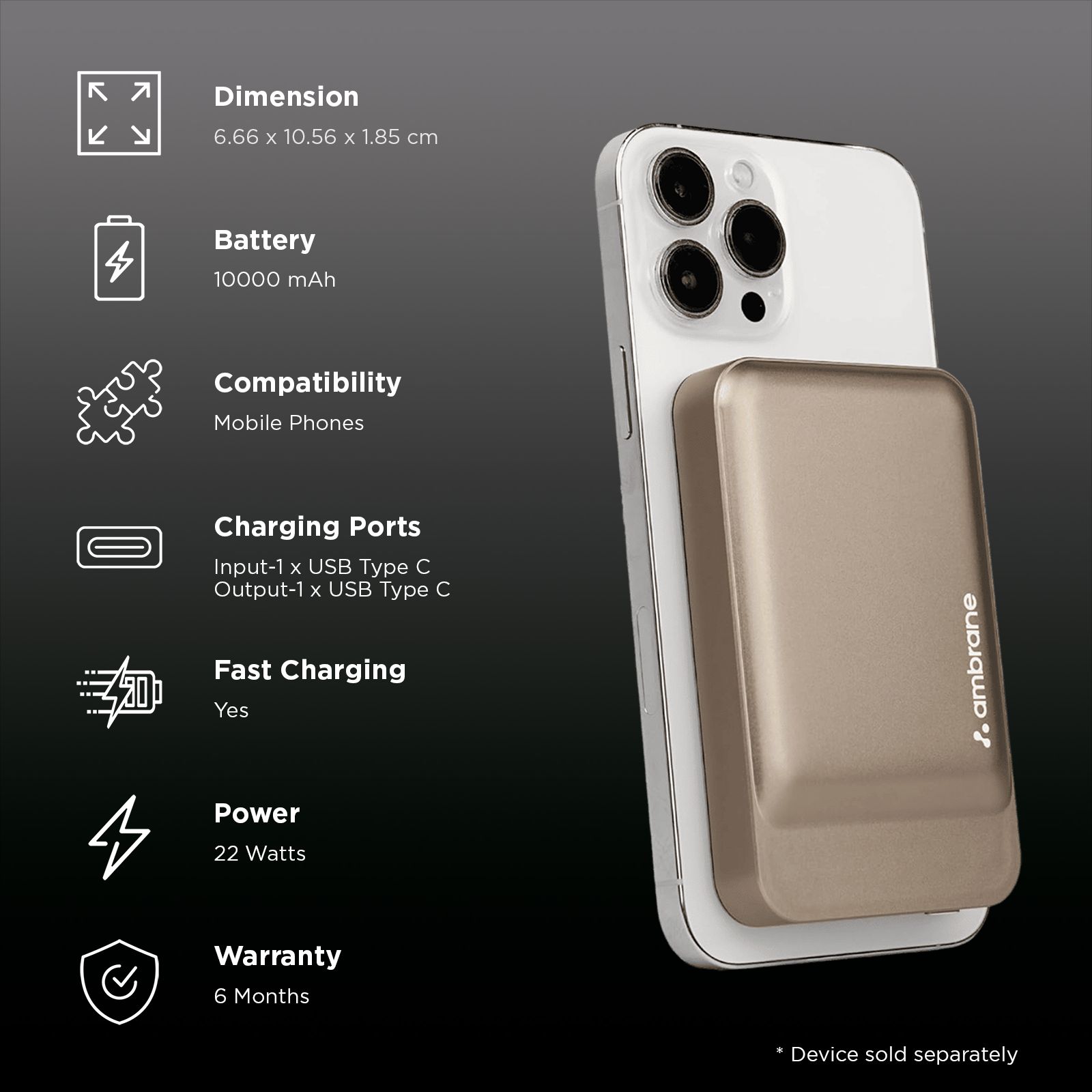 ambrane AeroSync PB Prime 10000 mAh 22W Fast Charging Power Bank (1 Type C Ports, Premium Metallic Body, MagSafe Compatible, Titanium) ambrane AeroSync PB Prime 10000 mAh 22W Fast Charging Power Bank (1 Type C Ports, Premium Metallic Body, MagSafe Compatible, Titanium)_3