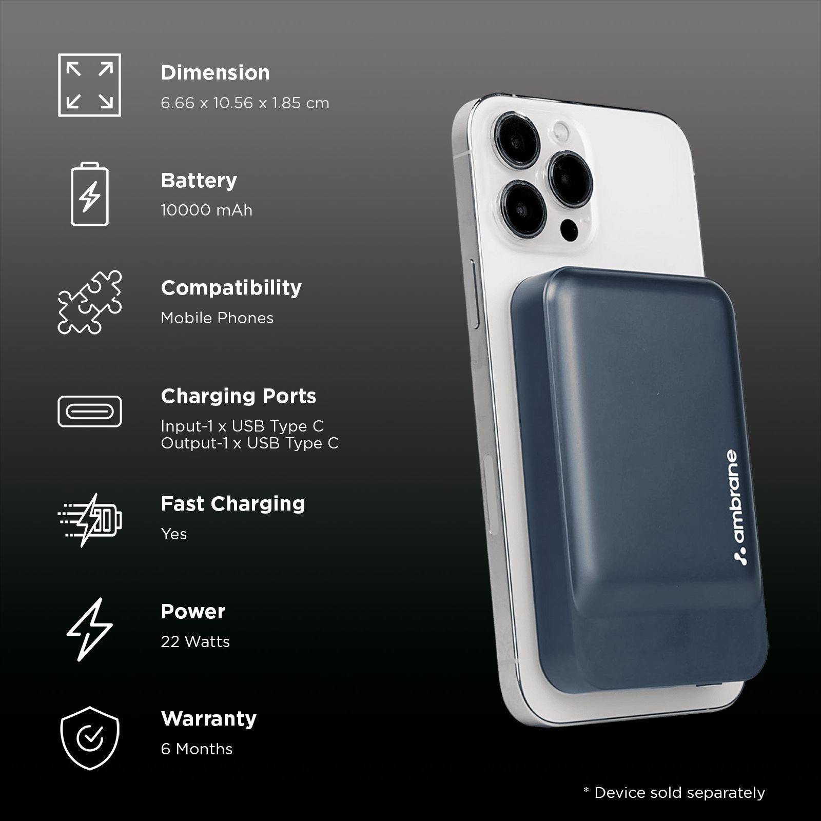 ambrane AeroSync PB Prime 10000 mAh 22W Fast Charging Power Bank (1 Type C Ports, Premium Metallic Body, MagSafe Compatible, Blue)_3