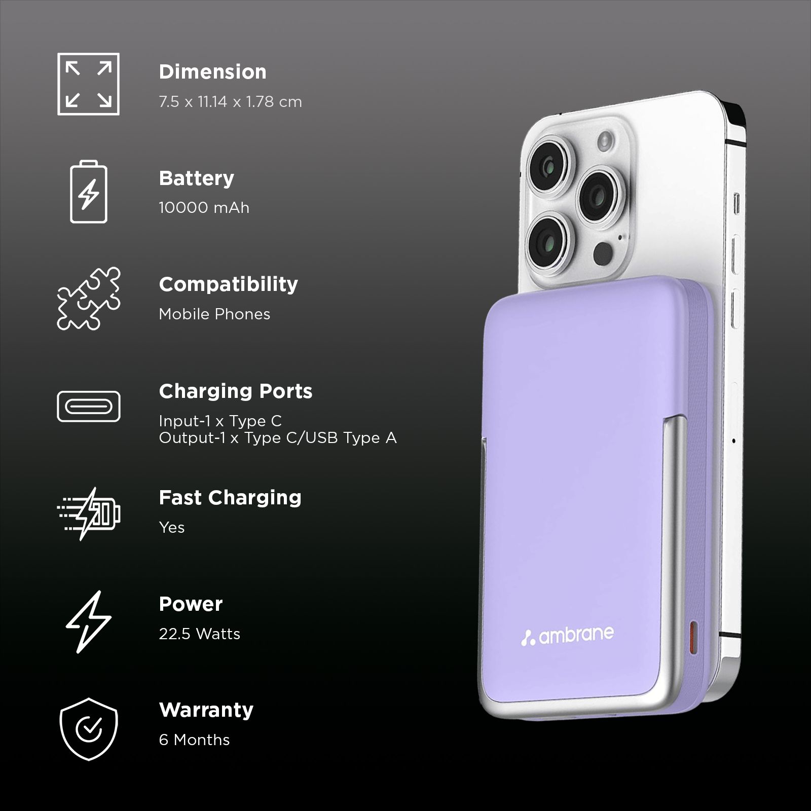 ambrane AeroSync PB 11 10000 mAh 22.5W Fast Charging Power Bank (1 Type C & 1 Type A Ports, MagSafe Compatible, Purple) ambrane AeroSync PB 11 10000 mAh 22.5W Fast Charging Power Bank (1 Type C & 1 Type A Ports, MagSafe Compatible, Purple)_3
