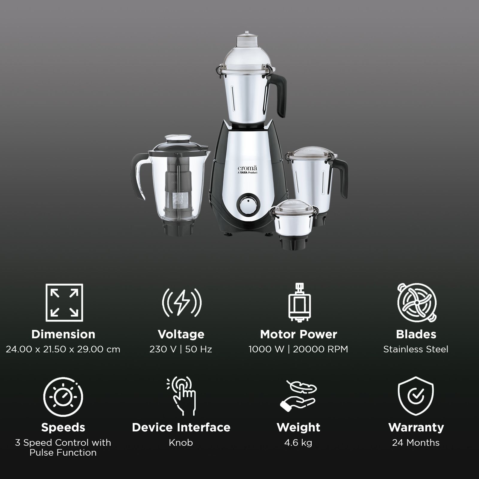 Croma 1000 Watt 4 Jars Juicer Mixer Grinder (20000 RPM, Copper Motor, Black & Silver)_3
