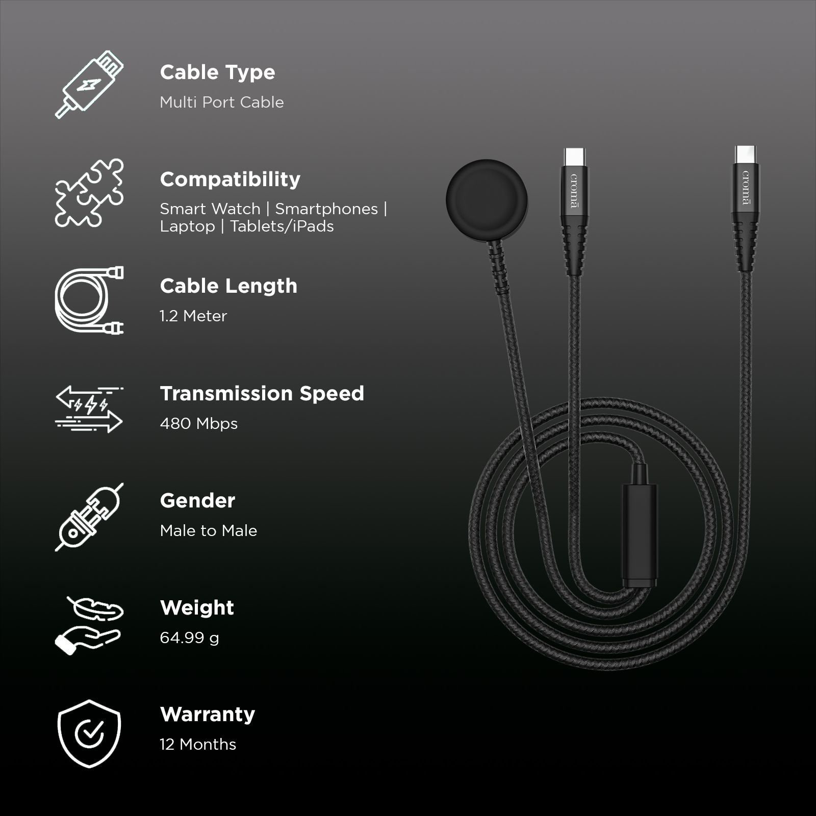Croma Type C to Type C & Wireless Charging Pad 3.9 Feet (1.2M) 2-in-1 Cable (For Apple Watch, Black)_2