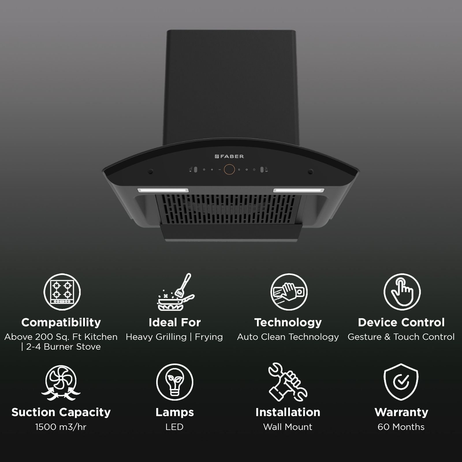 FABER ENIGMA BLDC HC SC BK 60 60cm 1500m³/hr Ductless Auto Clean Wall Mounted Chimney with Gesture and Remote Control (Black)_3