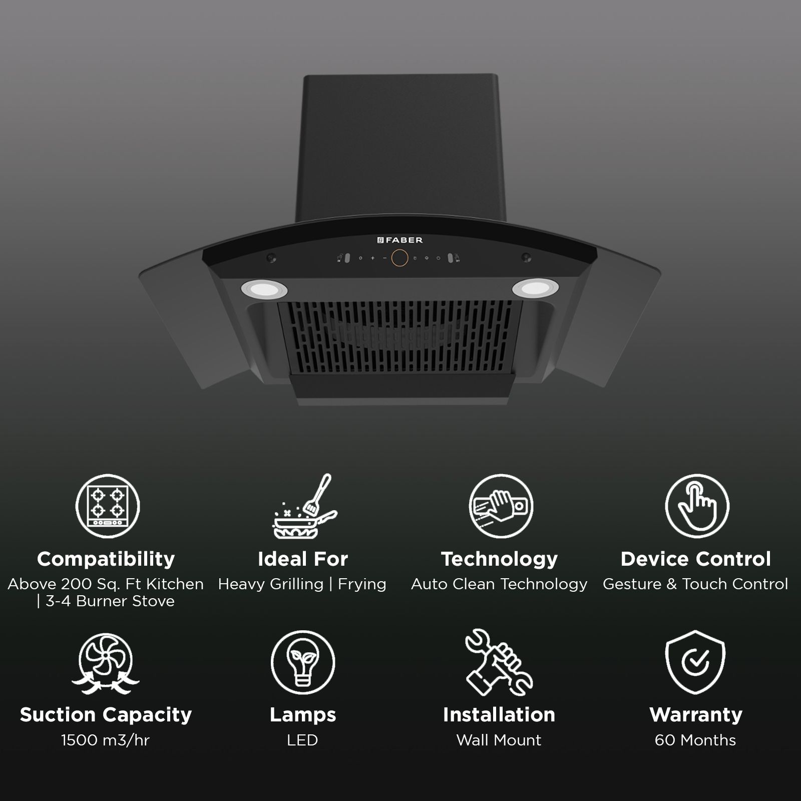 FABER ENIGMA BLDC HC SC BK 75 75cm 1500m³/hr Ductless Auto Clean Wall Mounted Chimney with Gesture and Remote Control (Black)_3