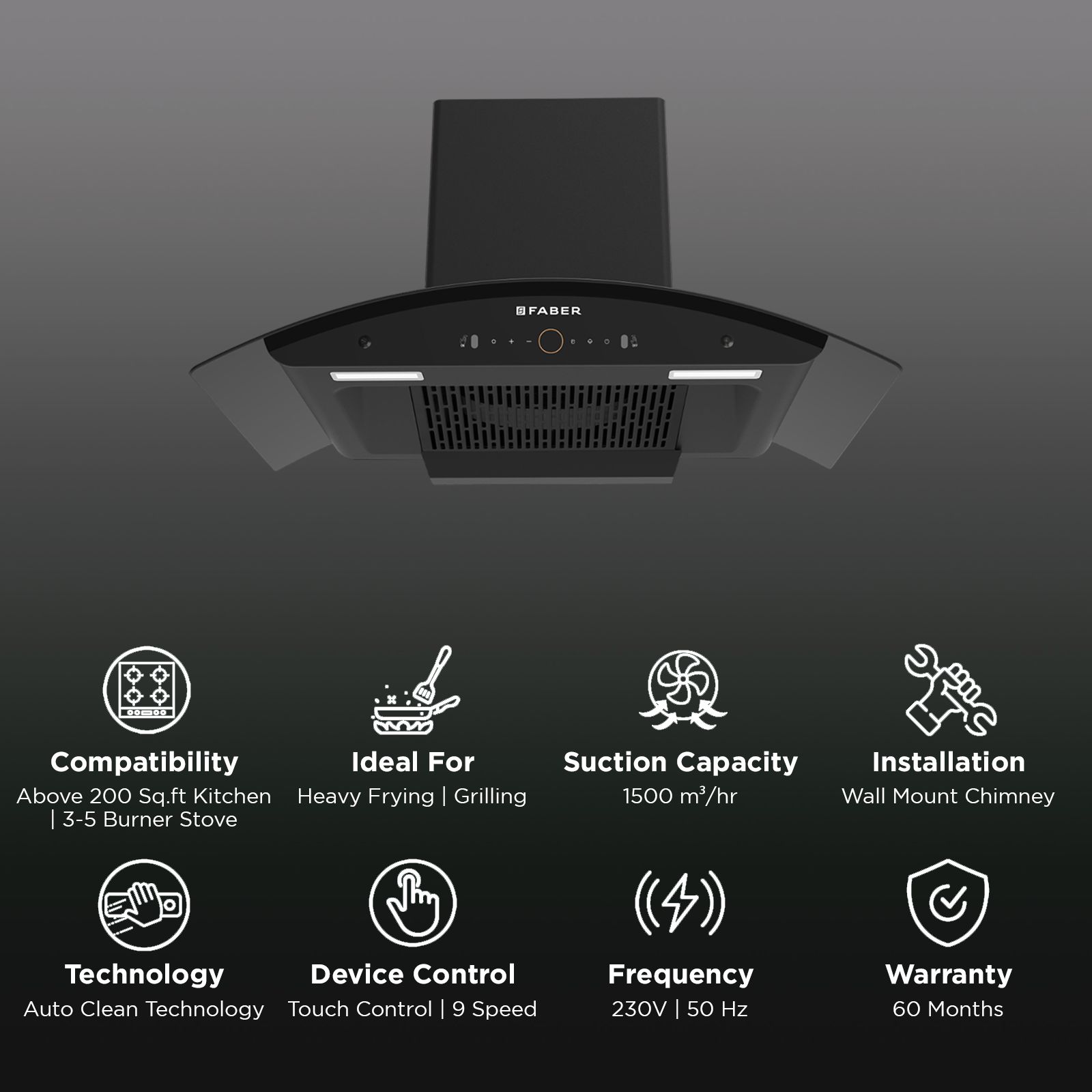 FABER ENIGMA BLDC HC SC BK 90 90cm 1500m³/hr Ductless Auto Clean Wall Mounted Chimney with Gesture and Remote Control (Black)_3