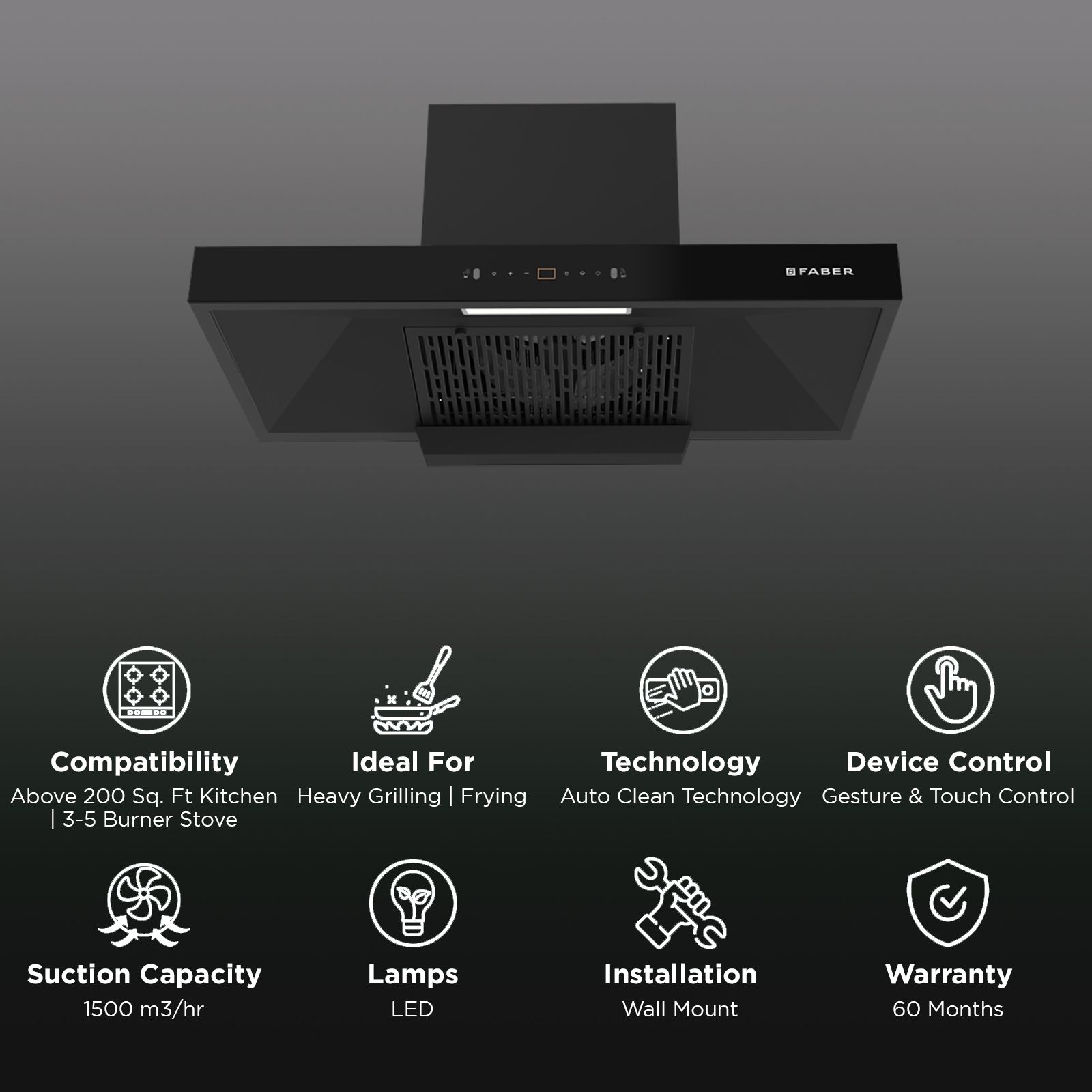 FABER SIGMA BLDC HC SC BK 90 90cm 1500m³/hr Ductless Auto Clean Wall Mounted Chimney with Gesture and Remote Control (Black)_3