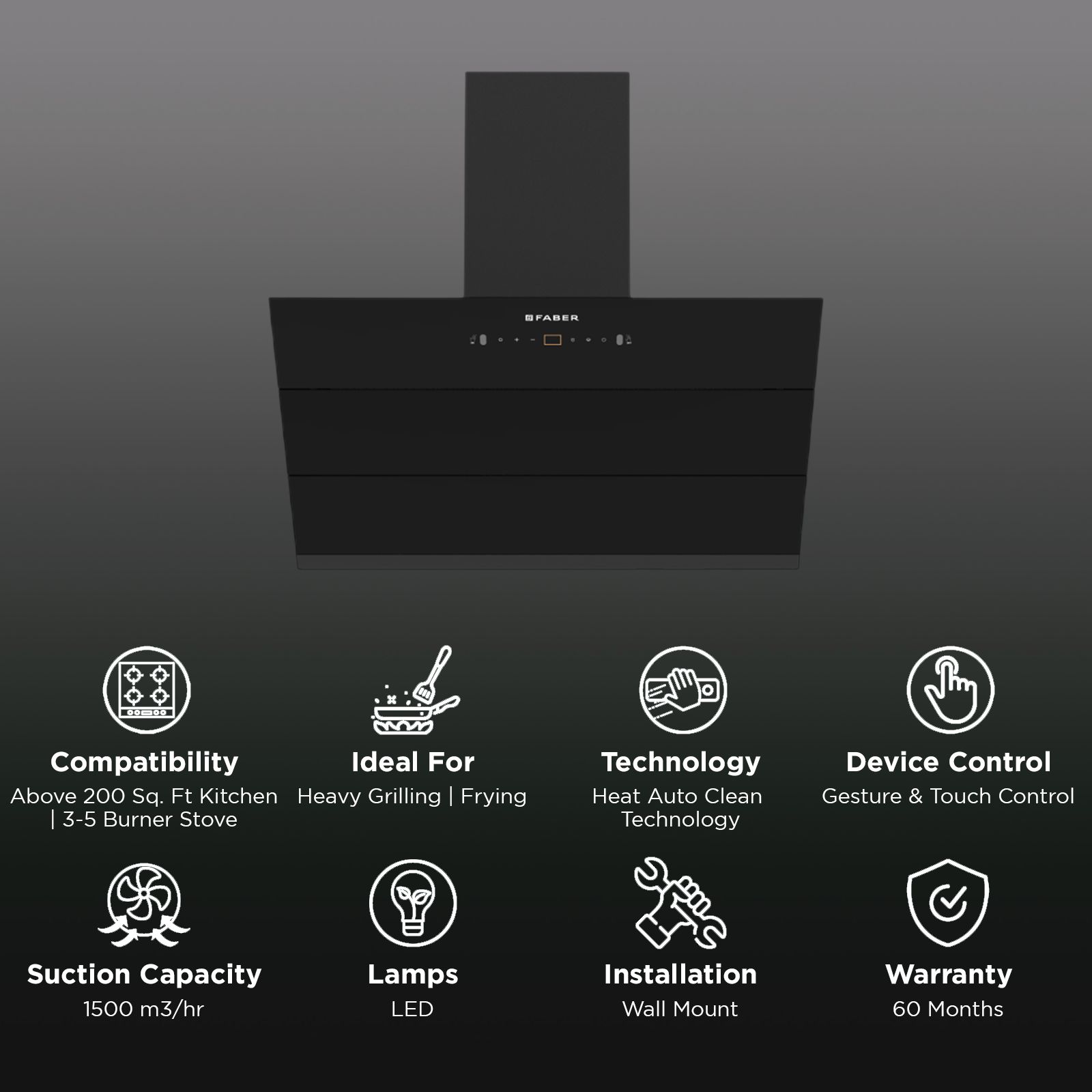 FABER AETHER BLDC HC SC BK 90 90cm 1500m³/hr Ductless Auto Clean Wall Mounted Chimney with Gesture and Remote Control (Black) FABER AETHER BLDC HC SC BK 90 90cm 1500m³/hr Ductless Auto Clean Wall Mounted Chimney with Gesture and Remote Control (Black)_3