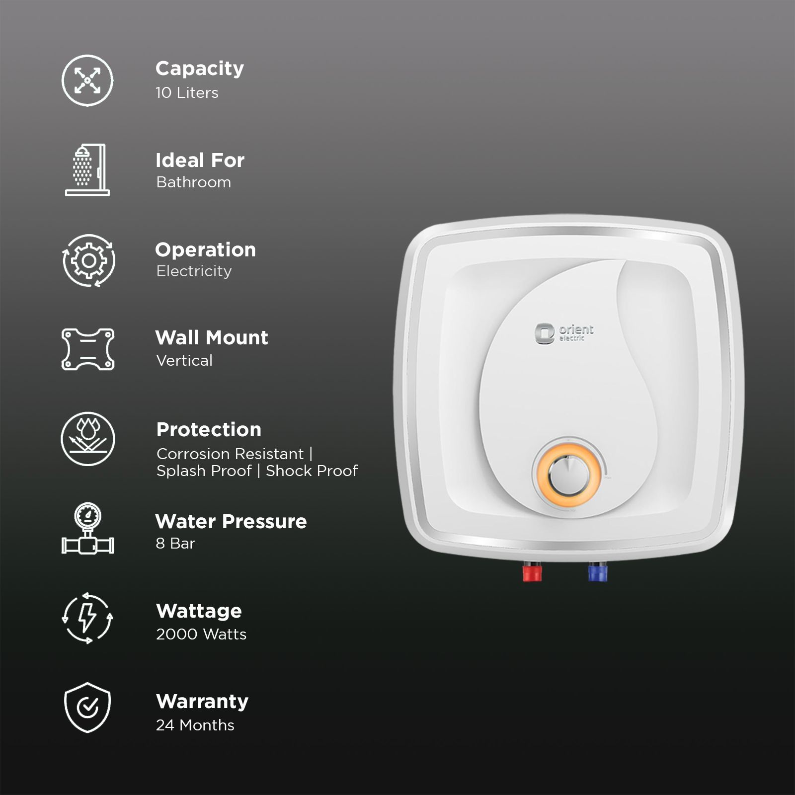 Orient Fontus Quad Plus 10 Litre 5 Star Vertical Storage Geyser with Ultra Diamond Glassline Tank (White)_2