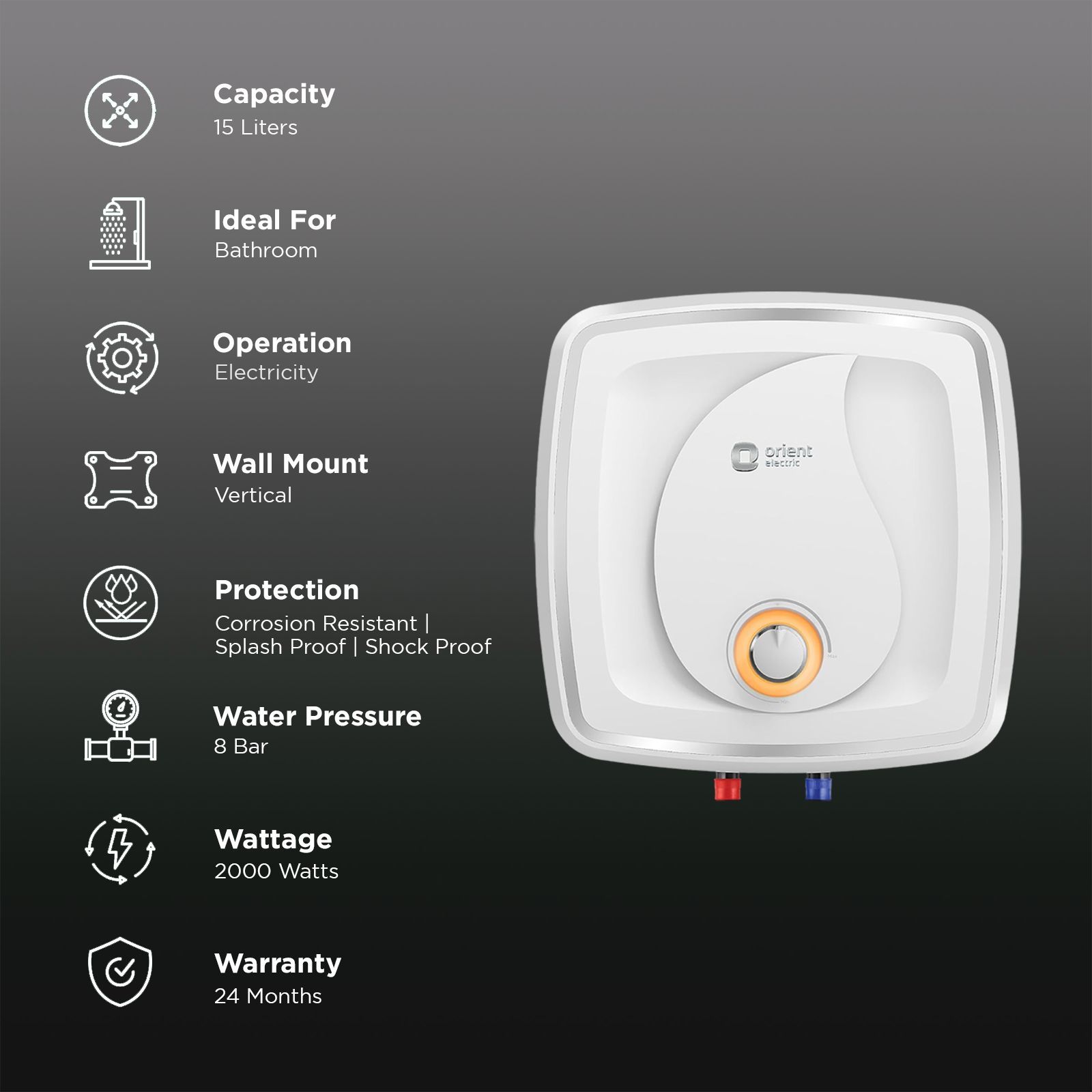 Orient Fontus Quad Plus 15 Litre 5 Star Vertical Storage Geyser with Ultra Diamond Glassline Tank (White)_2